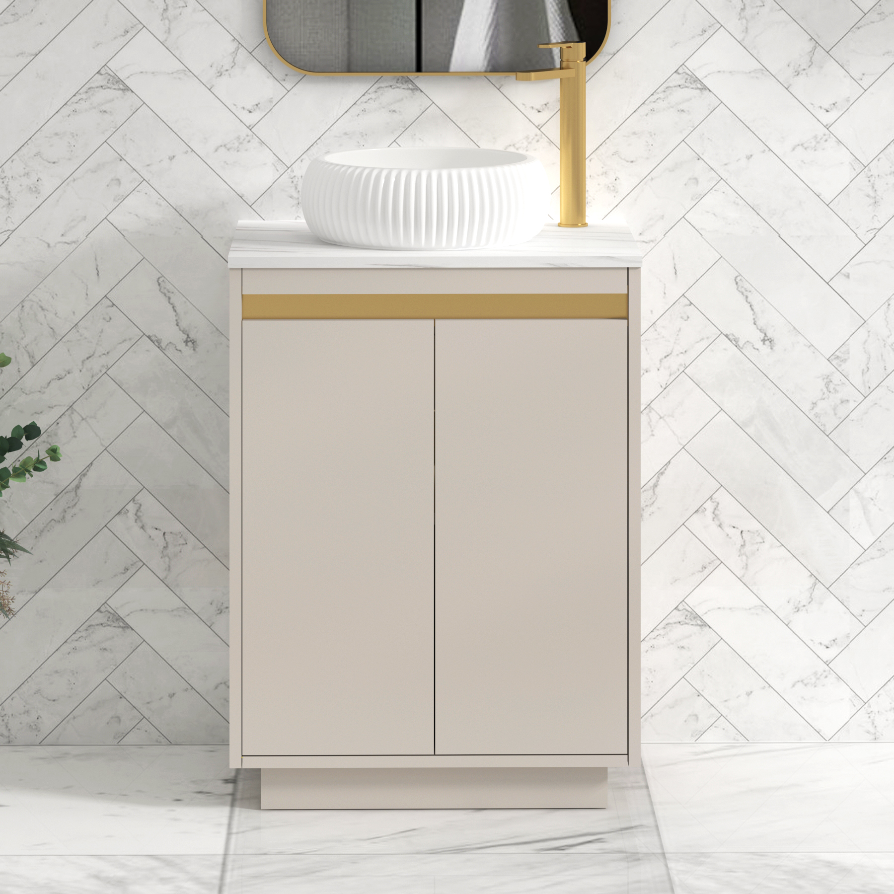 Orion 600mm Warm Taupe Floor Standing Countertop Vanity Unit 2 Door with Milan Basin & Brushed Brass Accent Trim