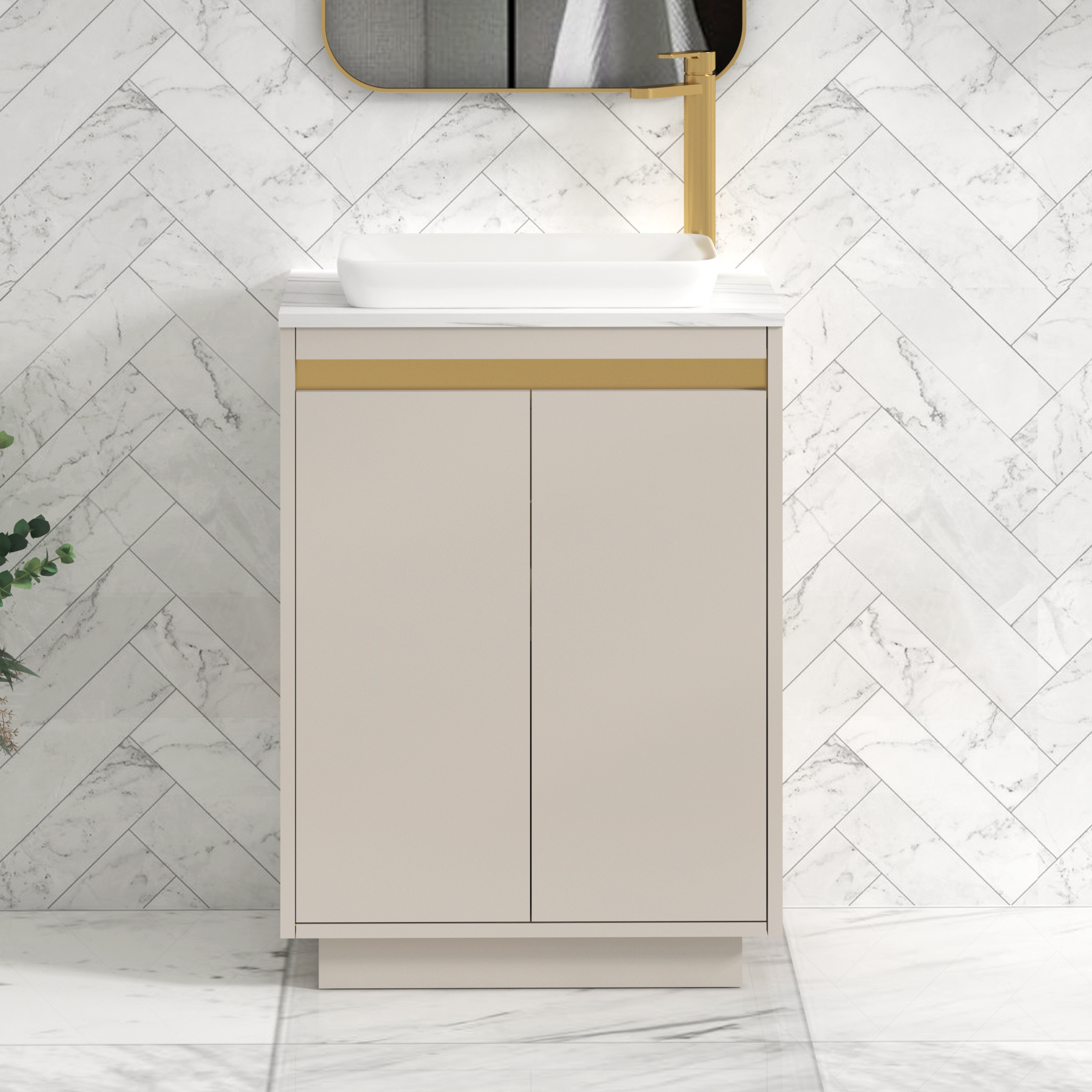 Orion 600mm Warm Taupe Floor Standing Countertop Vanity Unit 2 Door with Qubix Basin & Brushed Brass Accent Trim