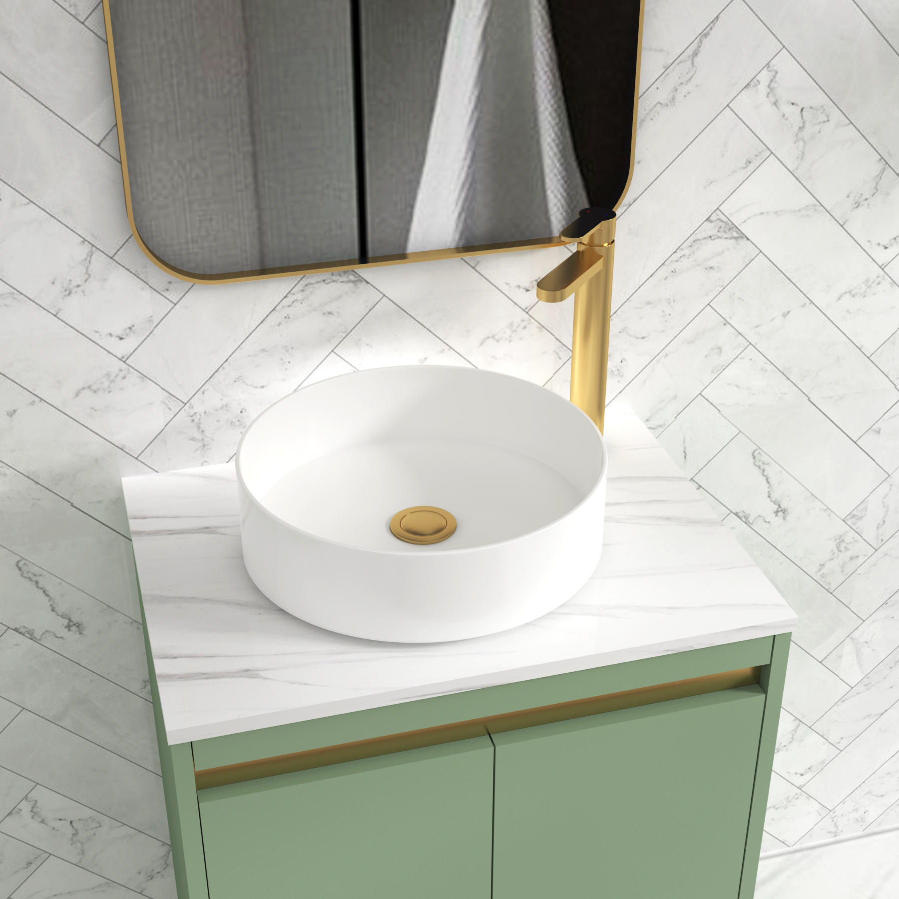 Orion 600mm Mint Sage Wall Hung Countertop Vanity Unit 2 Drawer with Art Basin & Brushed Brass Accent Trim