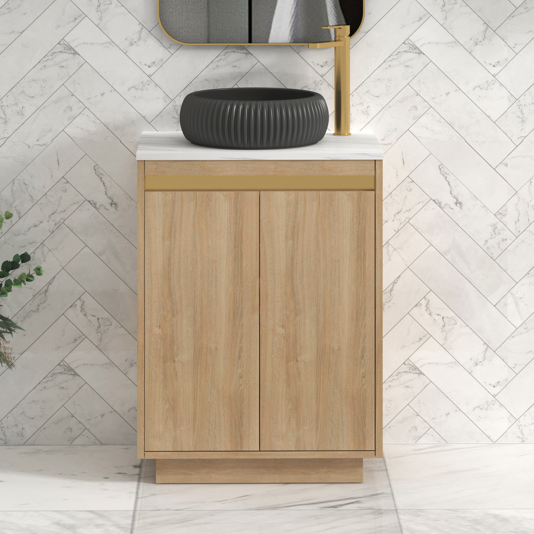Orion 600mm Natural Oak Floor Standing Countertop Vanity Unit 2 Door with Milan Black Basin & Brushed Brass Accent Trim