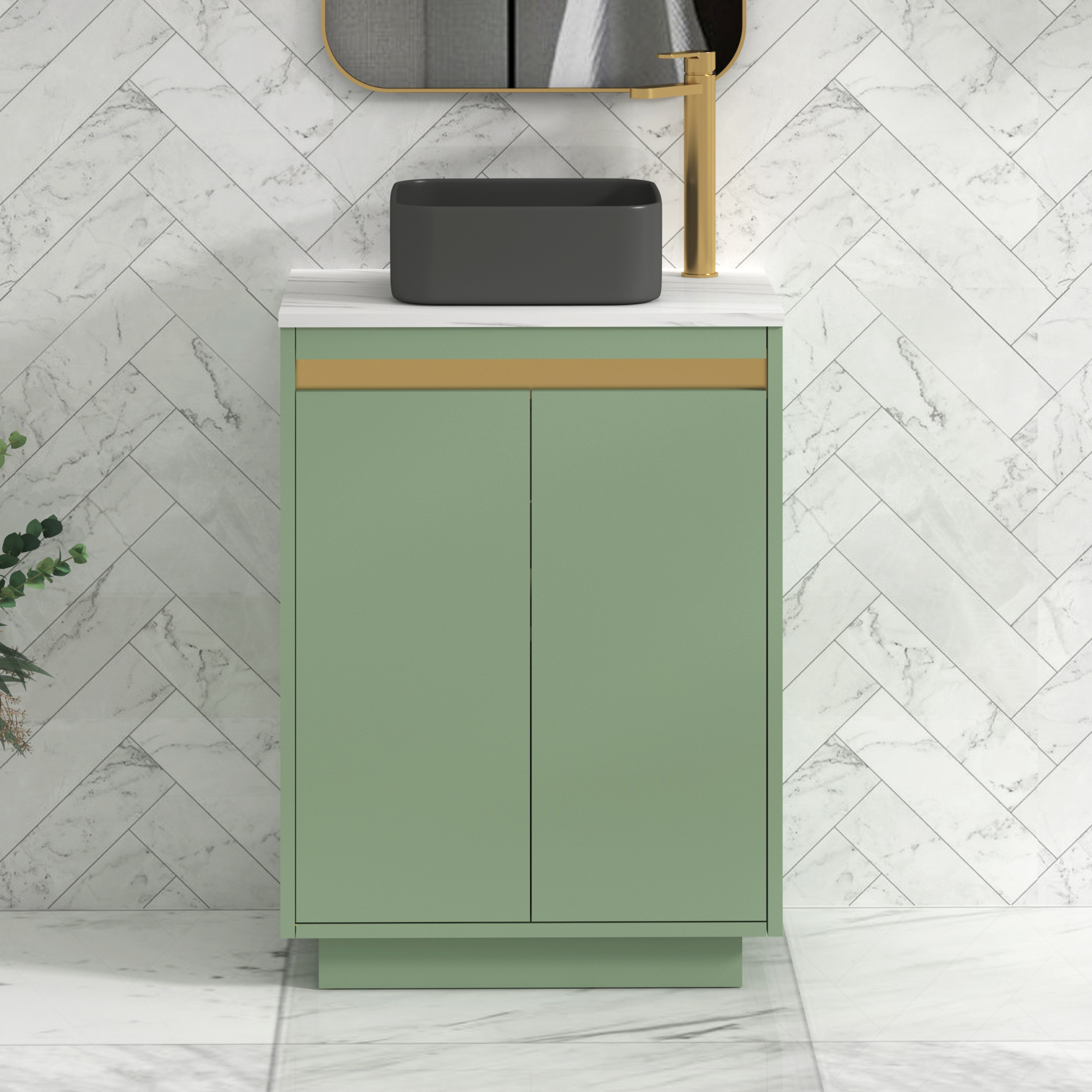 Orion 600mm Mint Sage Floor Standing Countertop Vanity Unit 2 Door with Art Square Basin & Brushed Brass Accent Trim