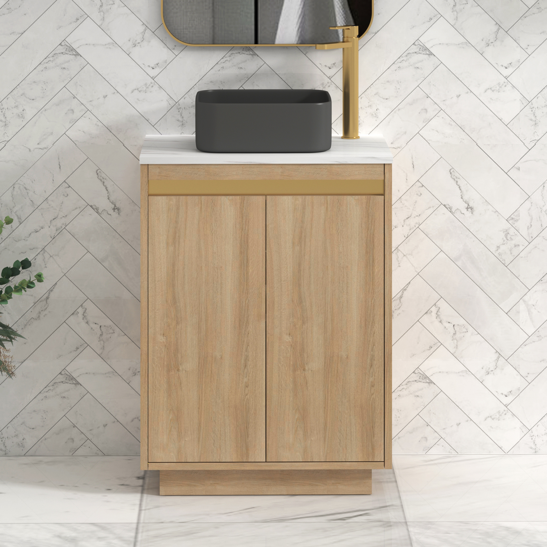 Orion 600mm Oak Floor Standing Countertop Vanity Unit 2 Door with Art Square Basin & Brushed Brass Strip