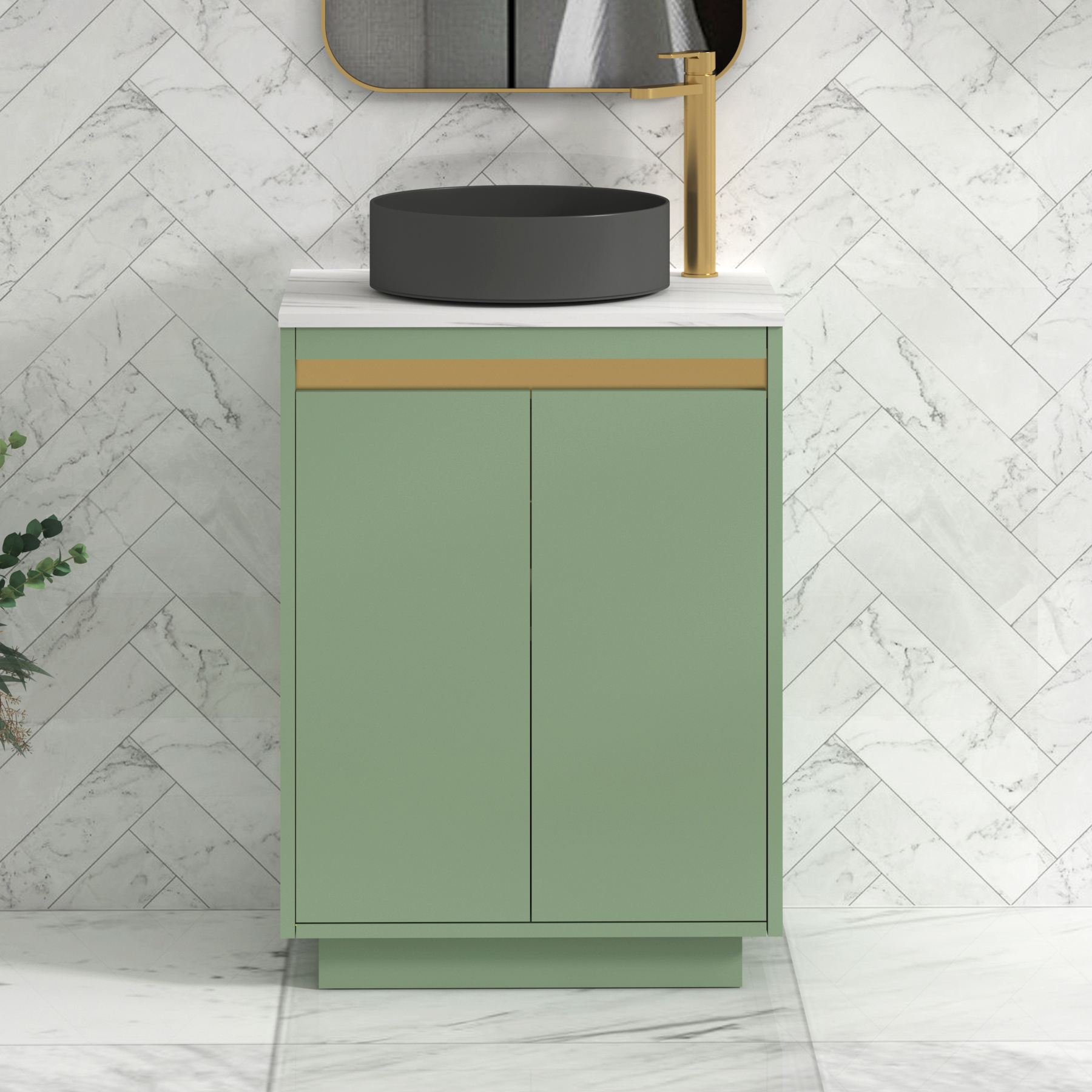 Orion 600mm Mint Sage Floor Standing Countertop Vanity Unit 2 Door with Art Round Basin & Brushed Brass Accent Trim