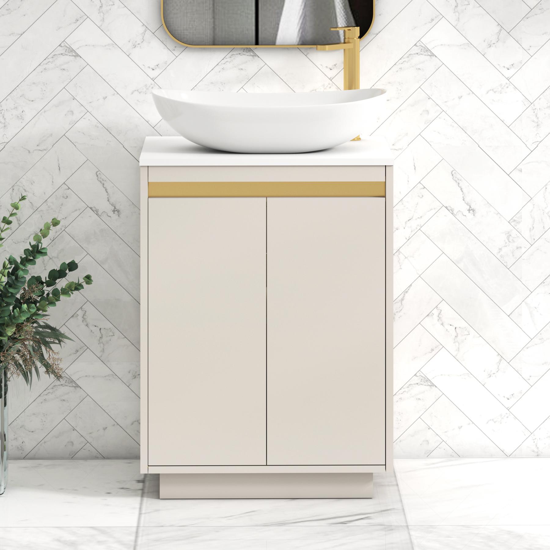 Orion 2 Door Warm Taupe Floor Standing Vanity Unit with Plain White Top & Countertop Basin | Brushed Brass Accent Trim