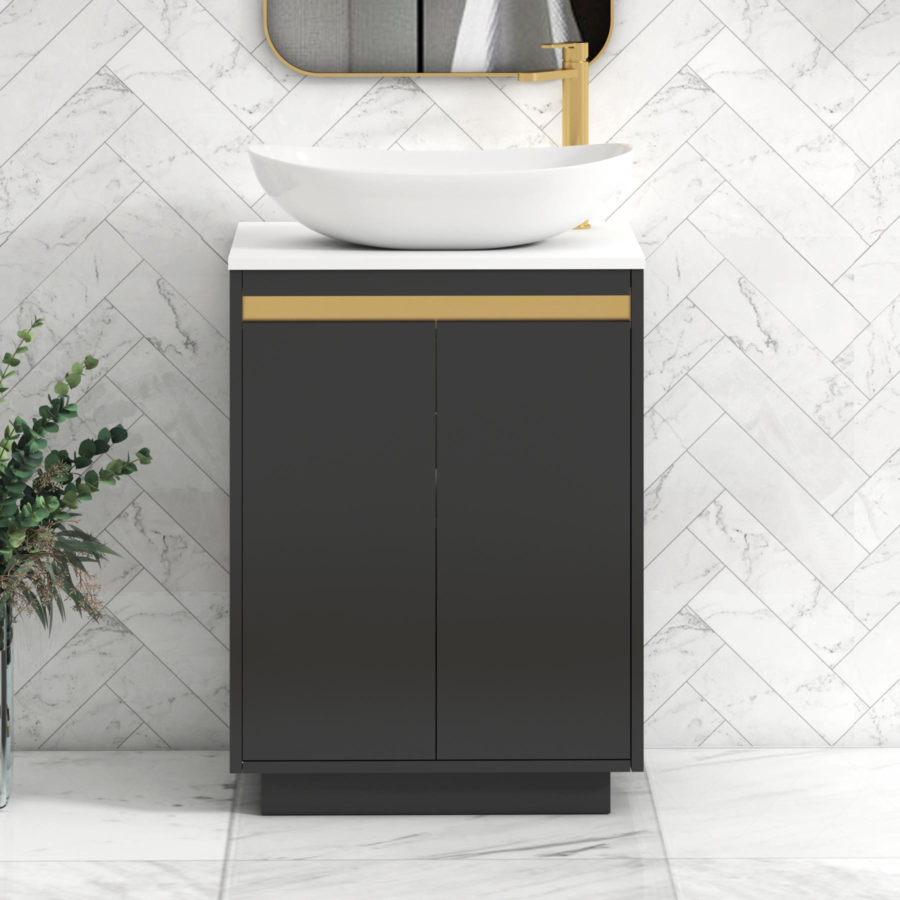Orion 2 Door Matt Obsidian Black Floor Standing Vanity Unit with Plain White Top & Countertop Basin | Brushed Brass Accent Trim