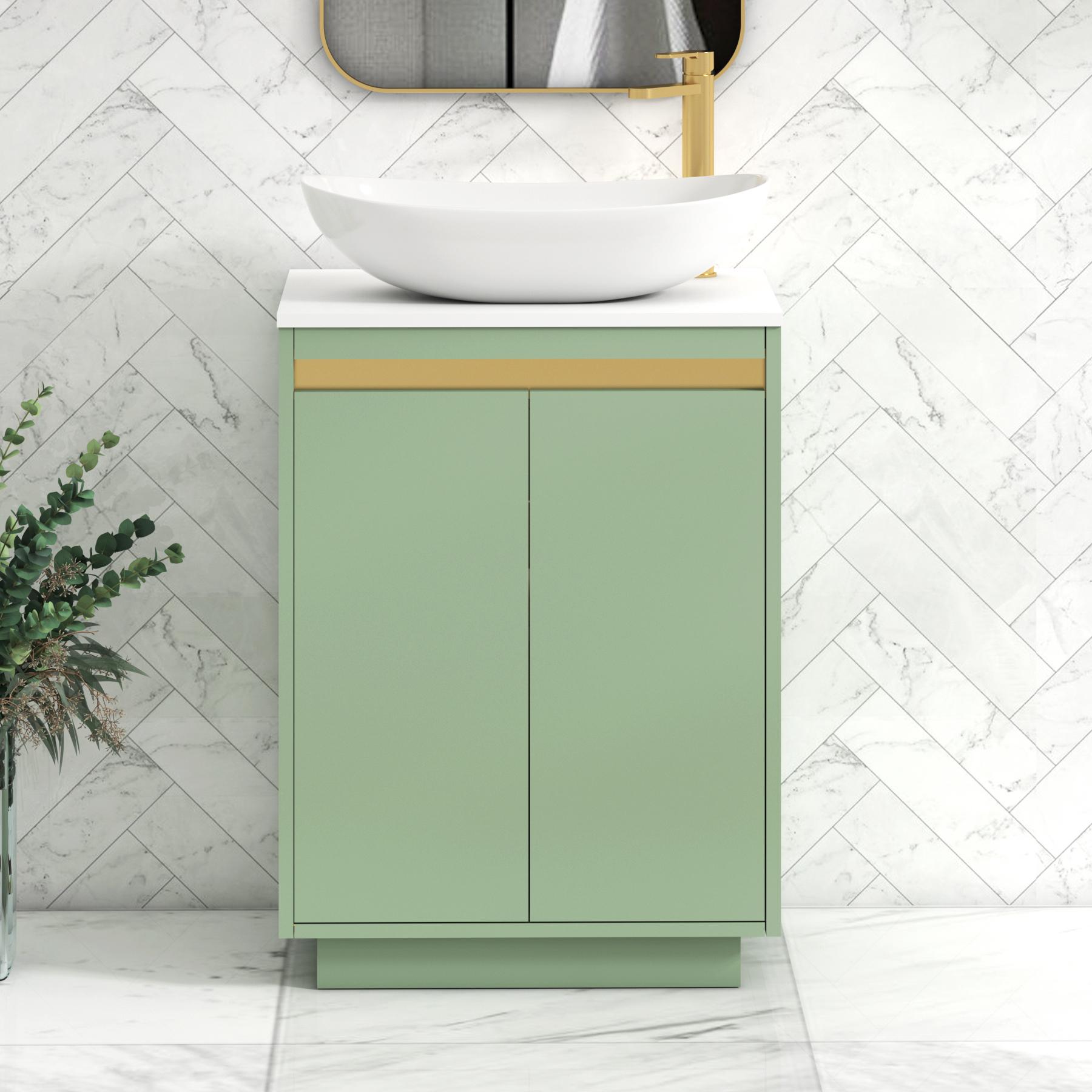 Orion 2 Door Mint Sage Floor Standing Vanity Unit with Plain White Top & Countertop Basin | Brushed Brass Accent Trim