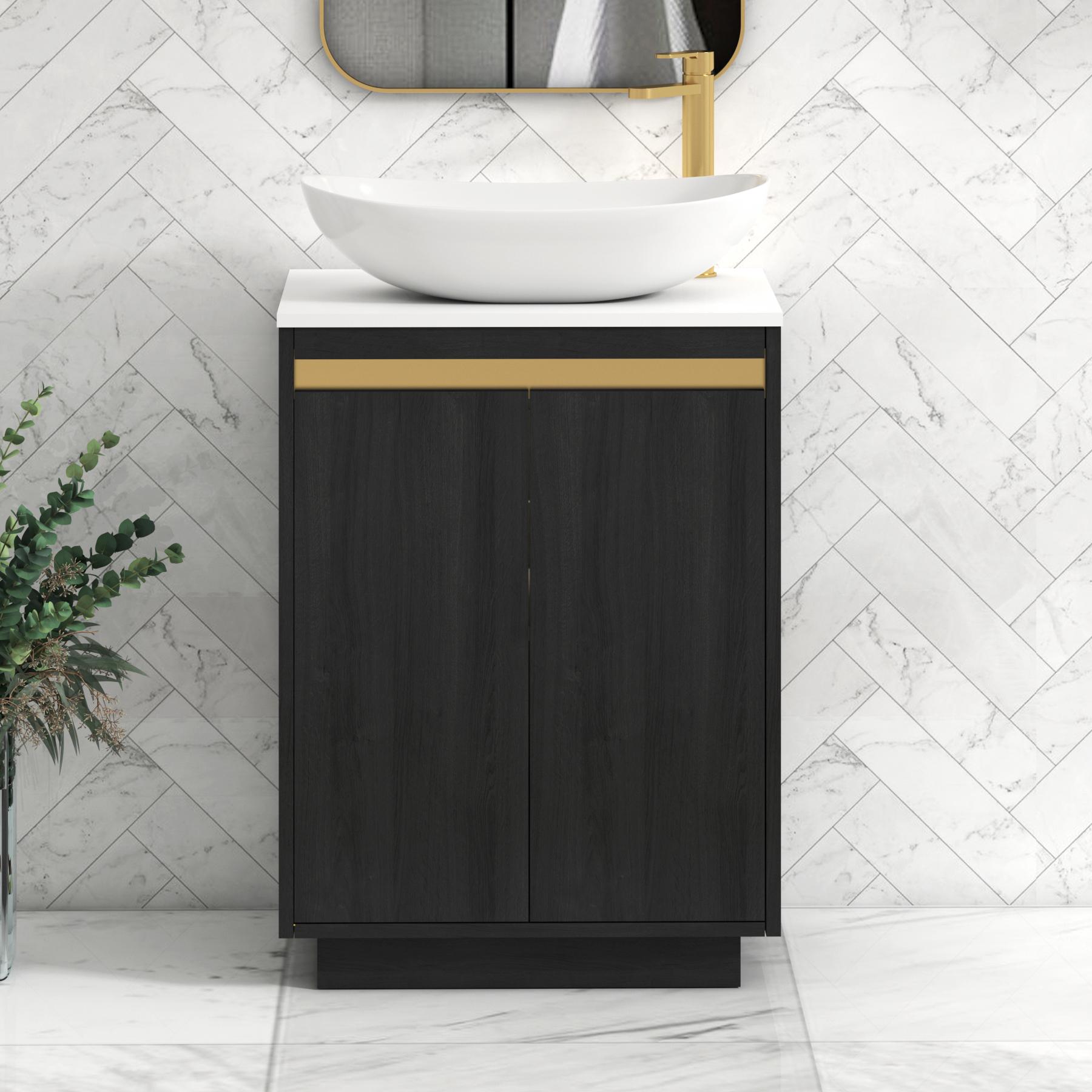 Orion 2 Door Hale Black Floor Standing Vanity Unit with Plain White Top & Countertop Basin | Brushed Brass Accent Trim