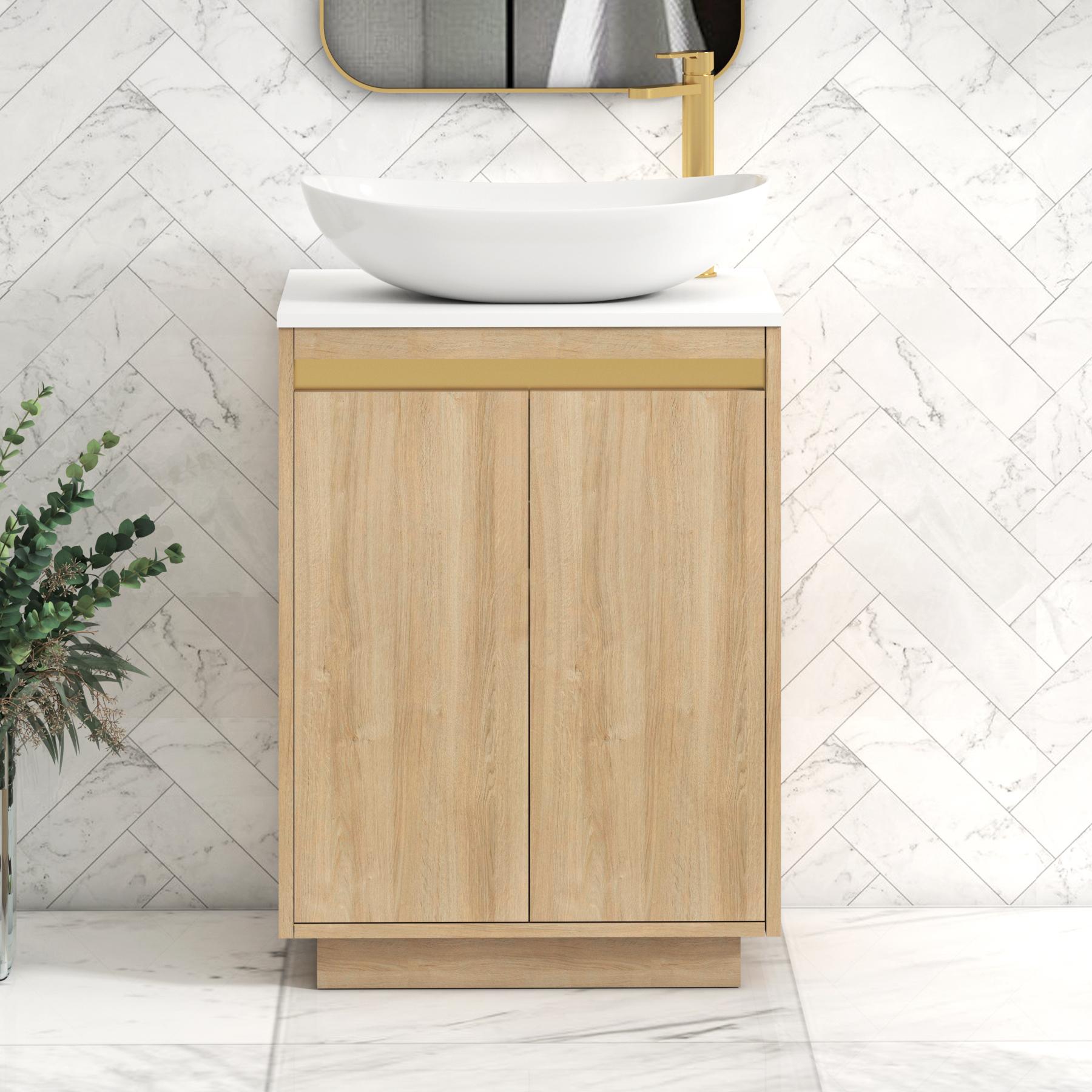 Orion 2 Door Natural Oak Floor Standing Vanity Unit with Plain White Top & Countertop Basin | Brushed Brass Accent Trim