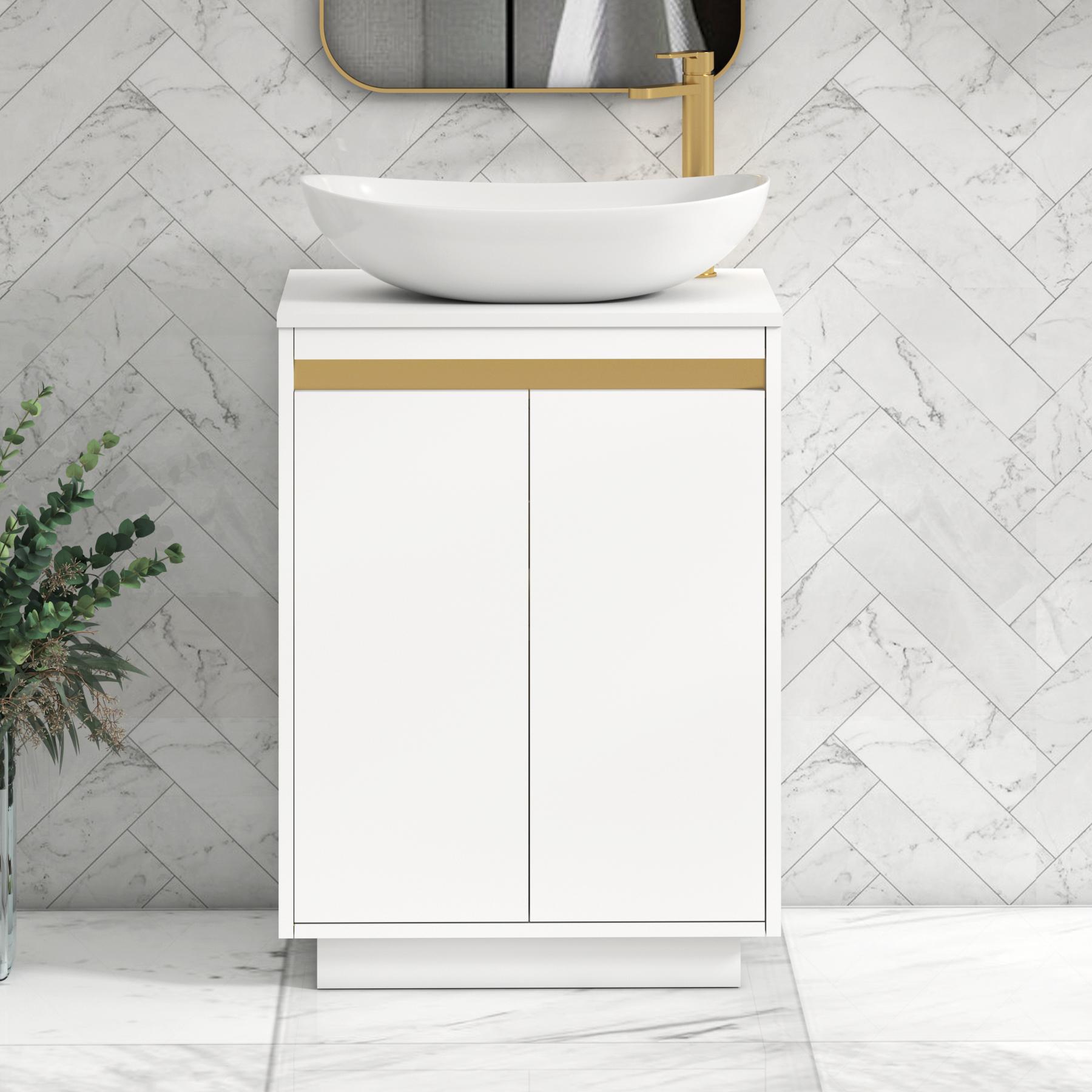 Orion 2 Door Matt White Floor Standing Vanity Unit with Plain White Top & Countertop Basin | Brushed Brass Accent Trim
