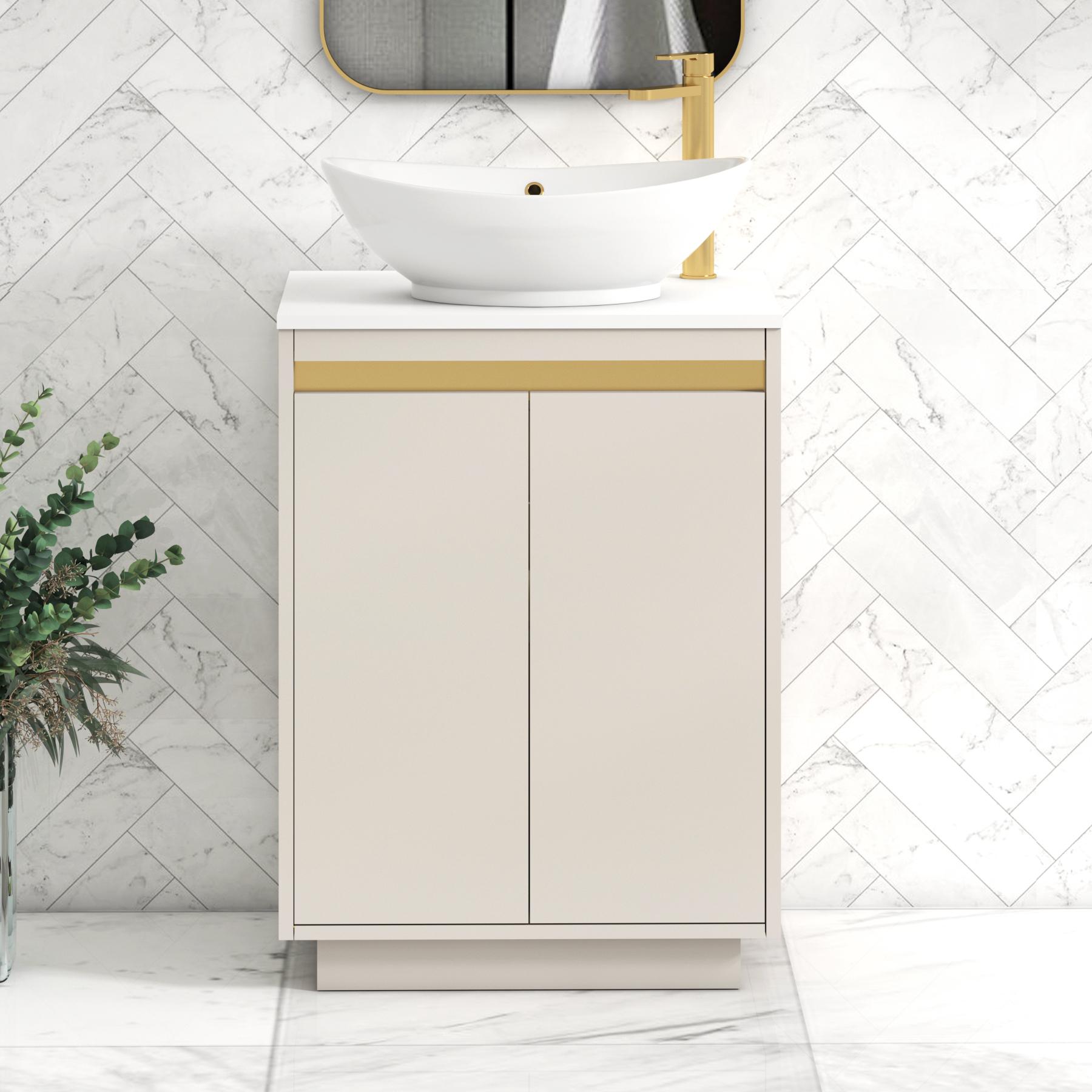 Orion 2 Door Warm Taupe Floor Standing Vanity Unit with Plain White Top & Countertop Basin | Brushed Brass Accent Trim