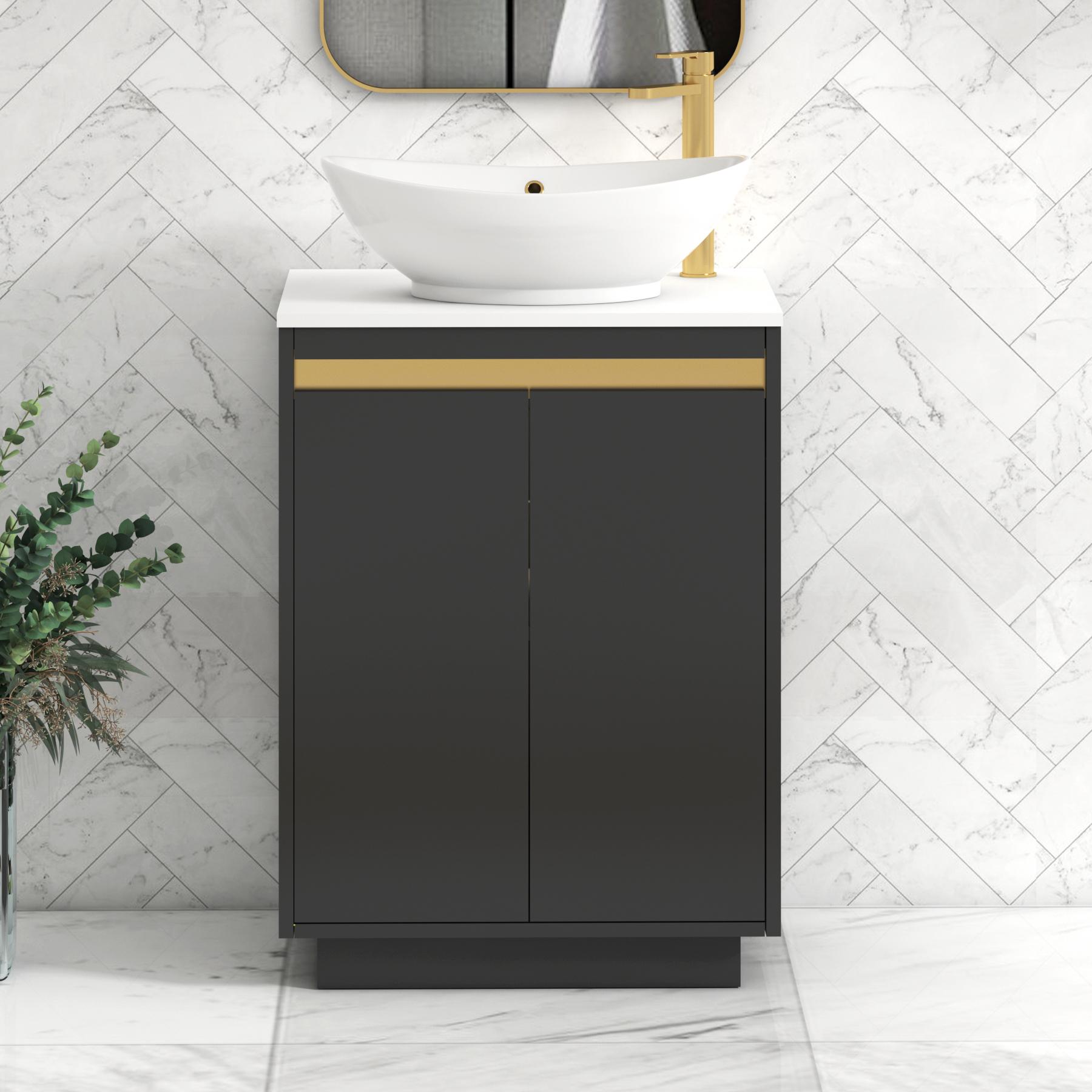 Orion 2 Door Matt Obsidian Black Floor Standing Vanity Unit with Plain White Top & Countertop Basin | Brushed Brass Accent Trim