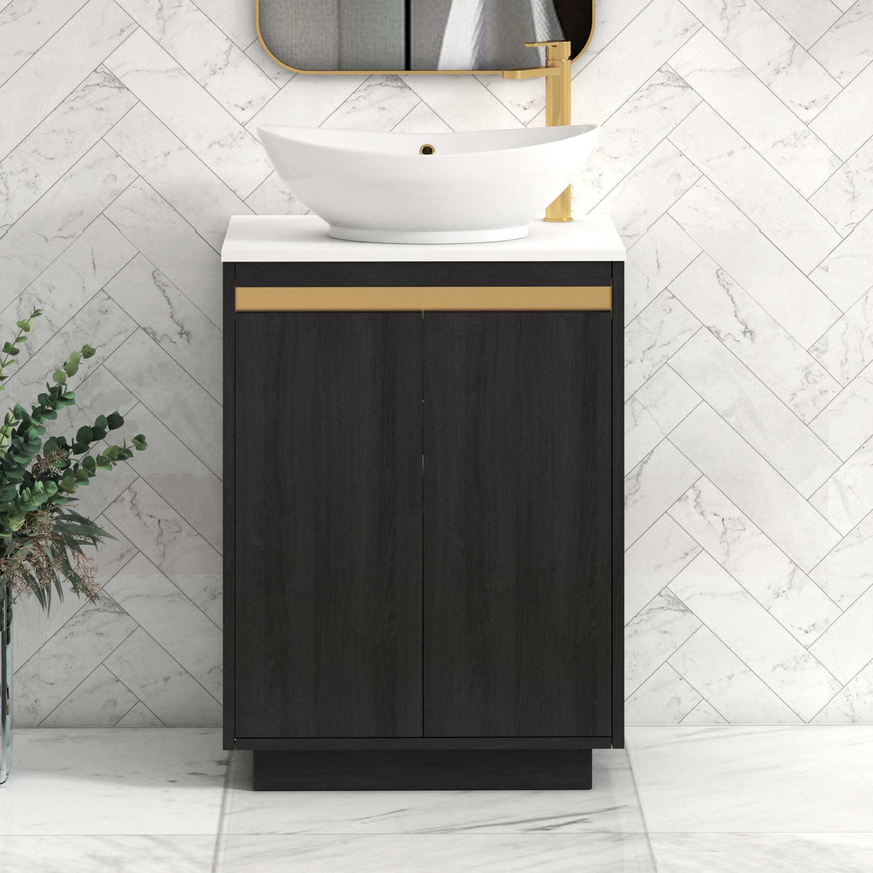 Orion 2 Door Hale Black Floor Standing Vanity Unit with Plain White Top & Countertop Basin | Brushed Brass Accent Trim