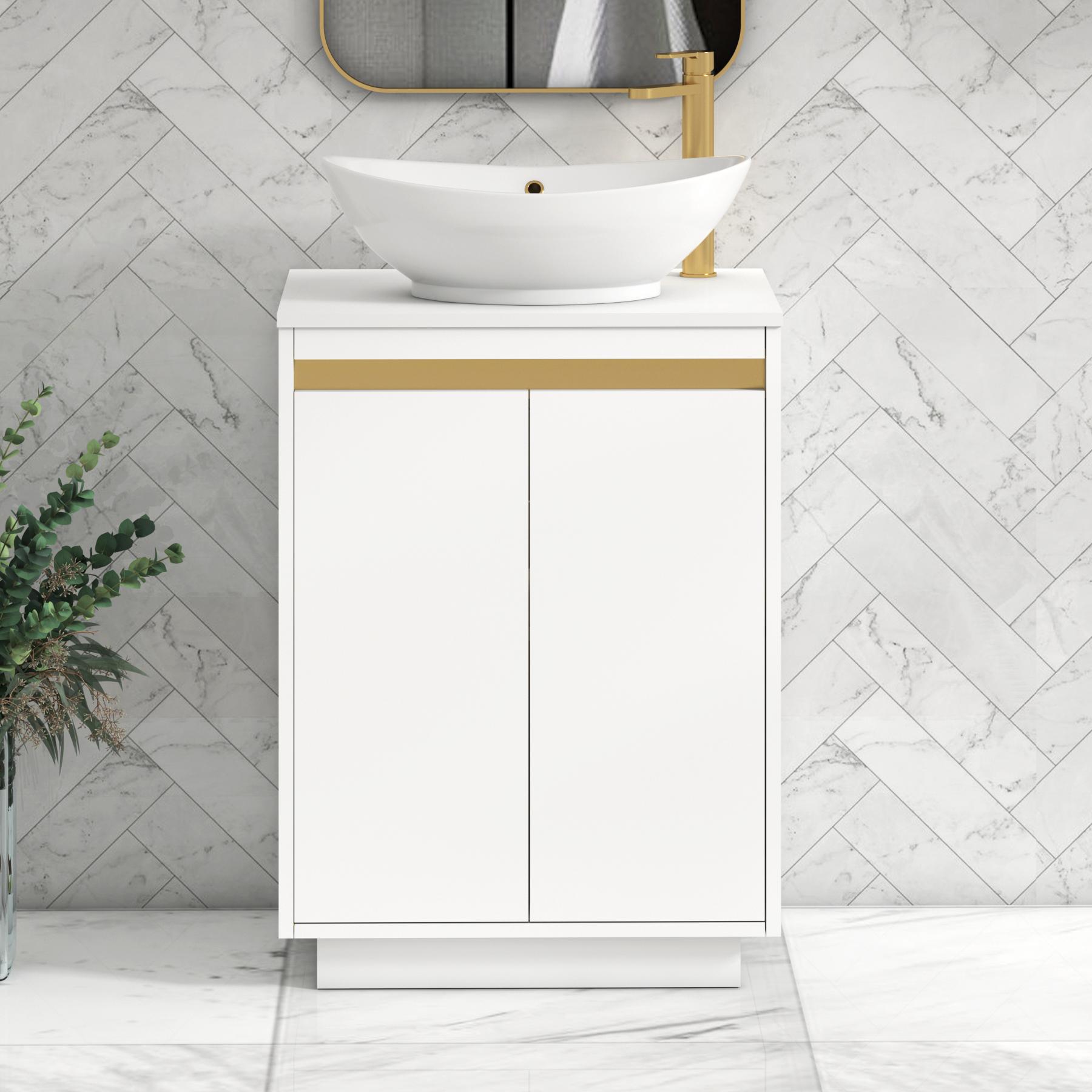 Orion 2 Door Matt White Floor Standing Vanity Unit with Plain White Top & Countertop Basin | Brushed Brass Accent Trim