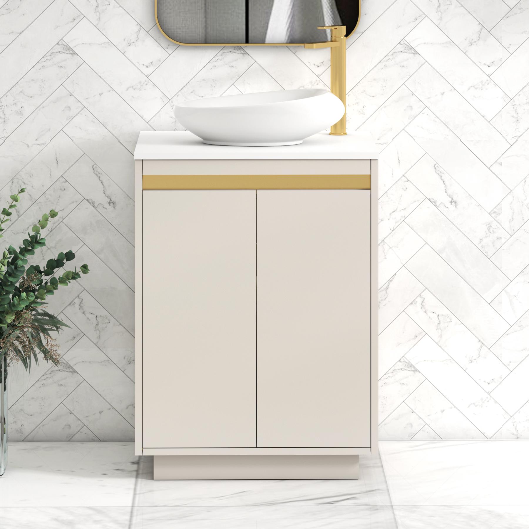 Orion 2 Door Warm Taupe Floor Standing Vanity Unit with Plain White Top & Countertop Basin | Brushed Brass Accent Trim