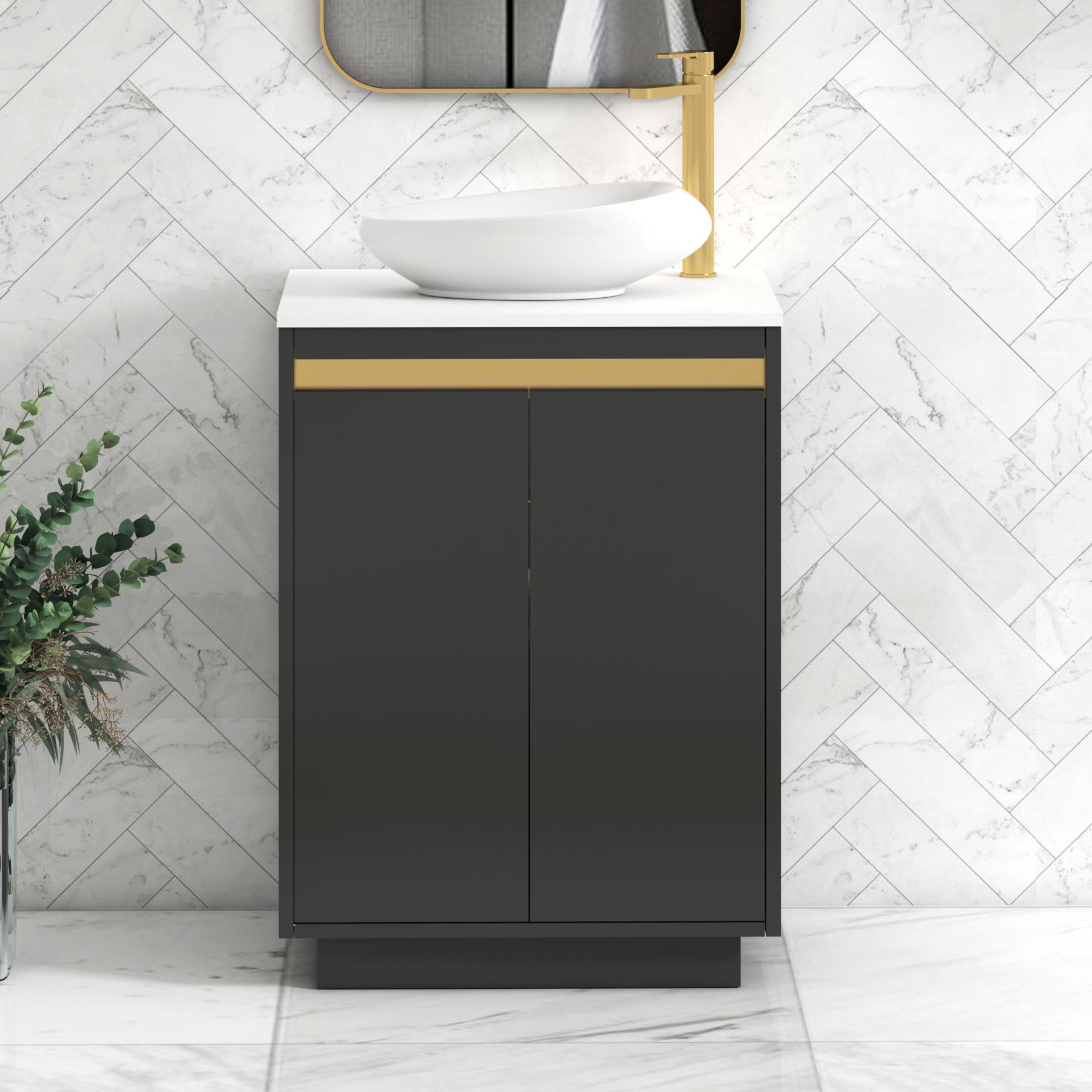 Orion 2 Door Matt Obsidian Black Floor Standing Vanity Unit with Plain White Top & Countertop Basin | Brushed Brass Accent Trim