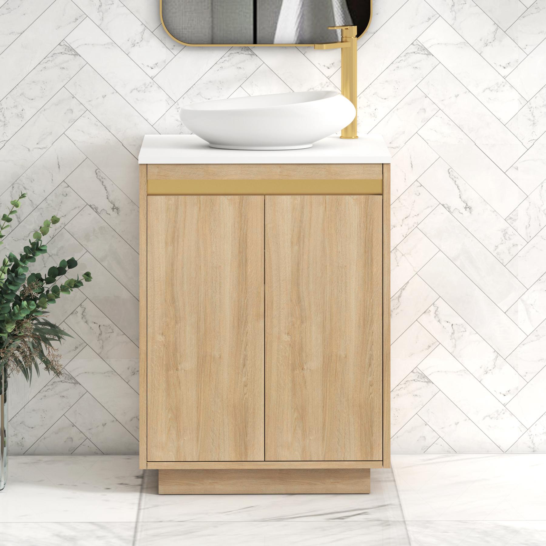 Orion 2 Door Natural Oak Floor Standing Vanity Unit with Plain White Top & Countertop Basin | Brushed Brass Accent Trim