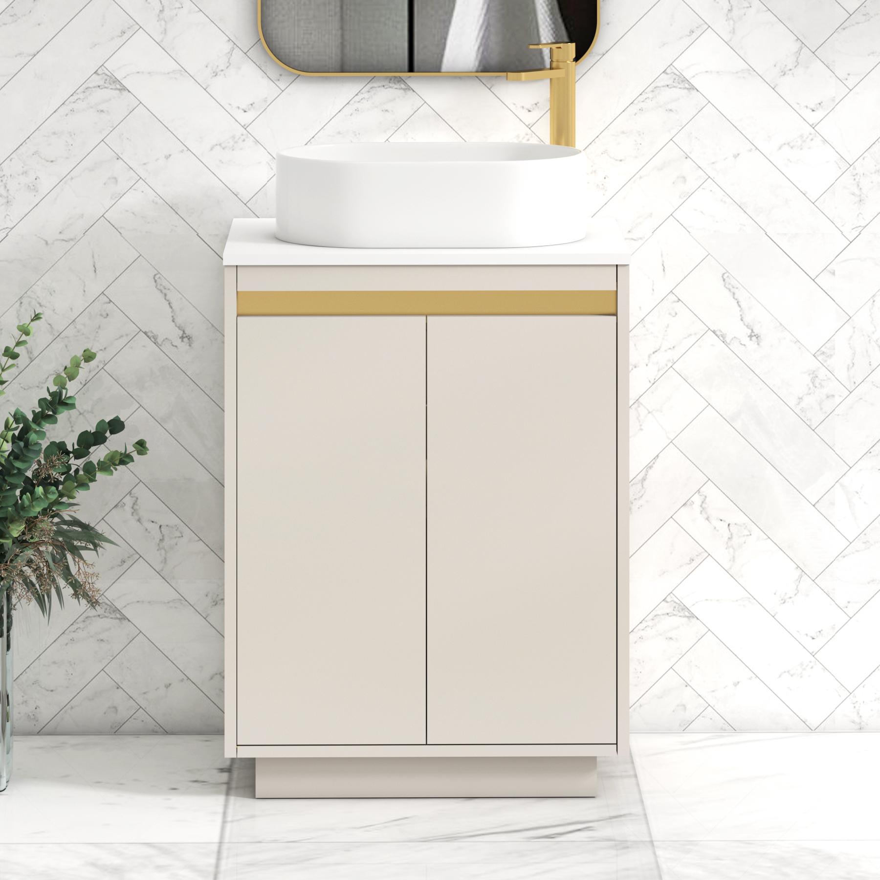 Orion 2 Door Warm Taupe Floor Standing Vanity Unit with Plain White Top & Countertop Basin | Brushed Brass Accent Trim