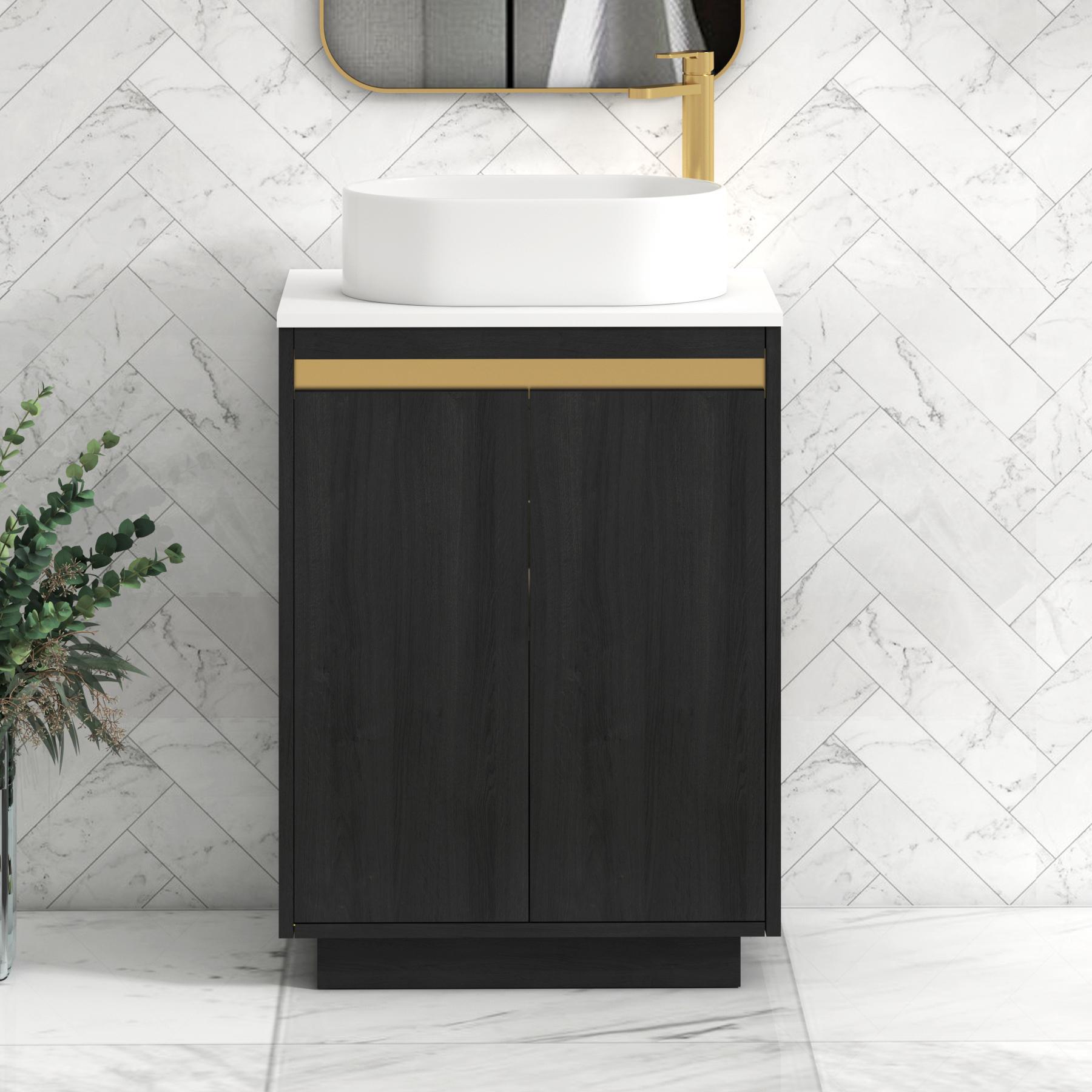 Orion 2 Door Hale Black Floor Standing Vanity Unit with Plain White Top & Countertop Basin | Brushed Brass Accent Trim