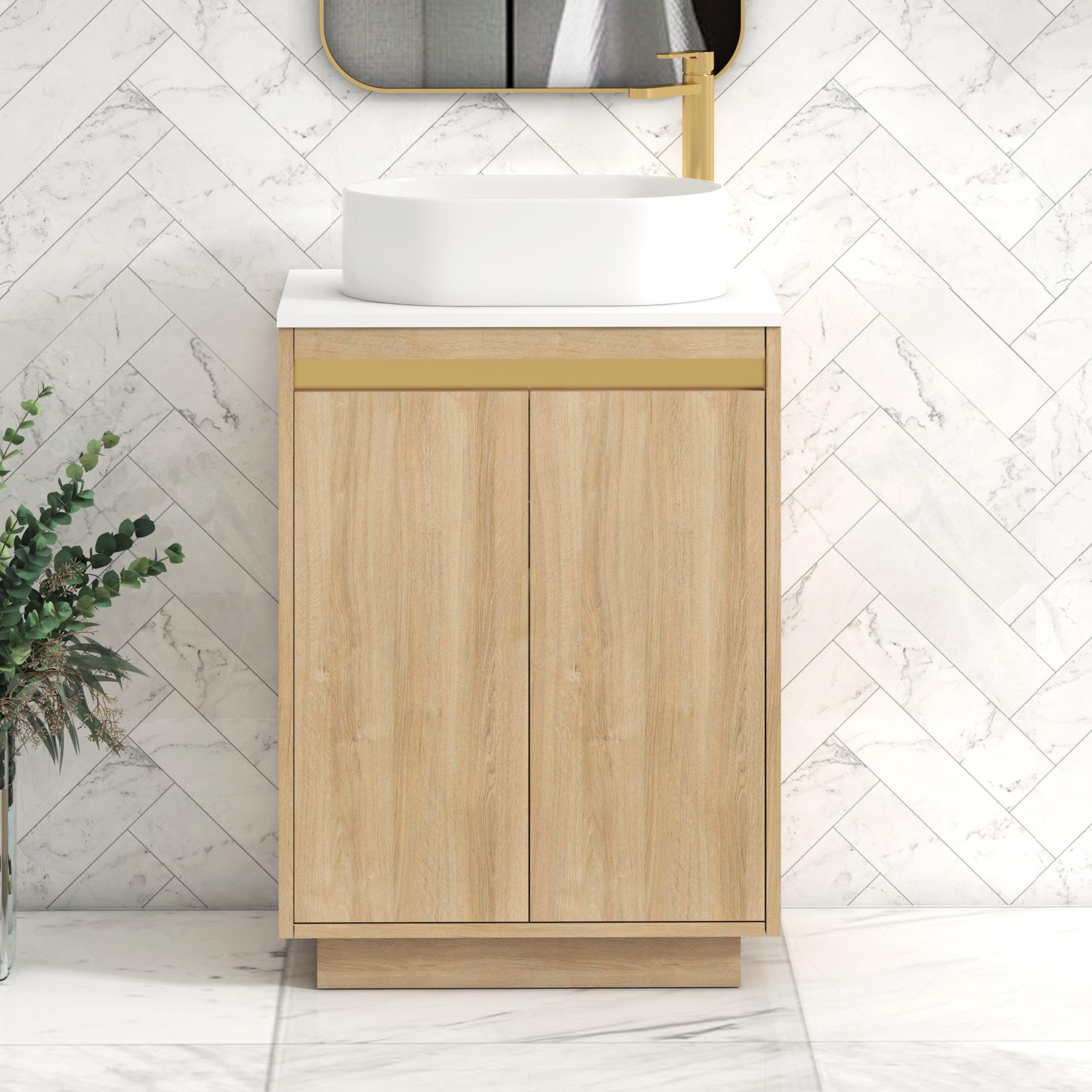 Orion 2 Door Natural Oak Floor Standing Vanity Unit with Plain White Top & Countertop Basin | Brushed Brass Accent Trim