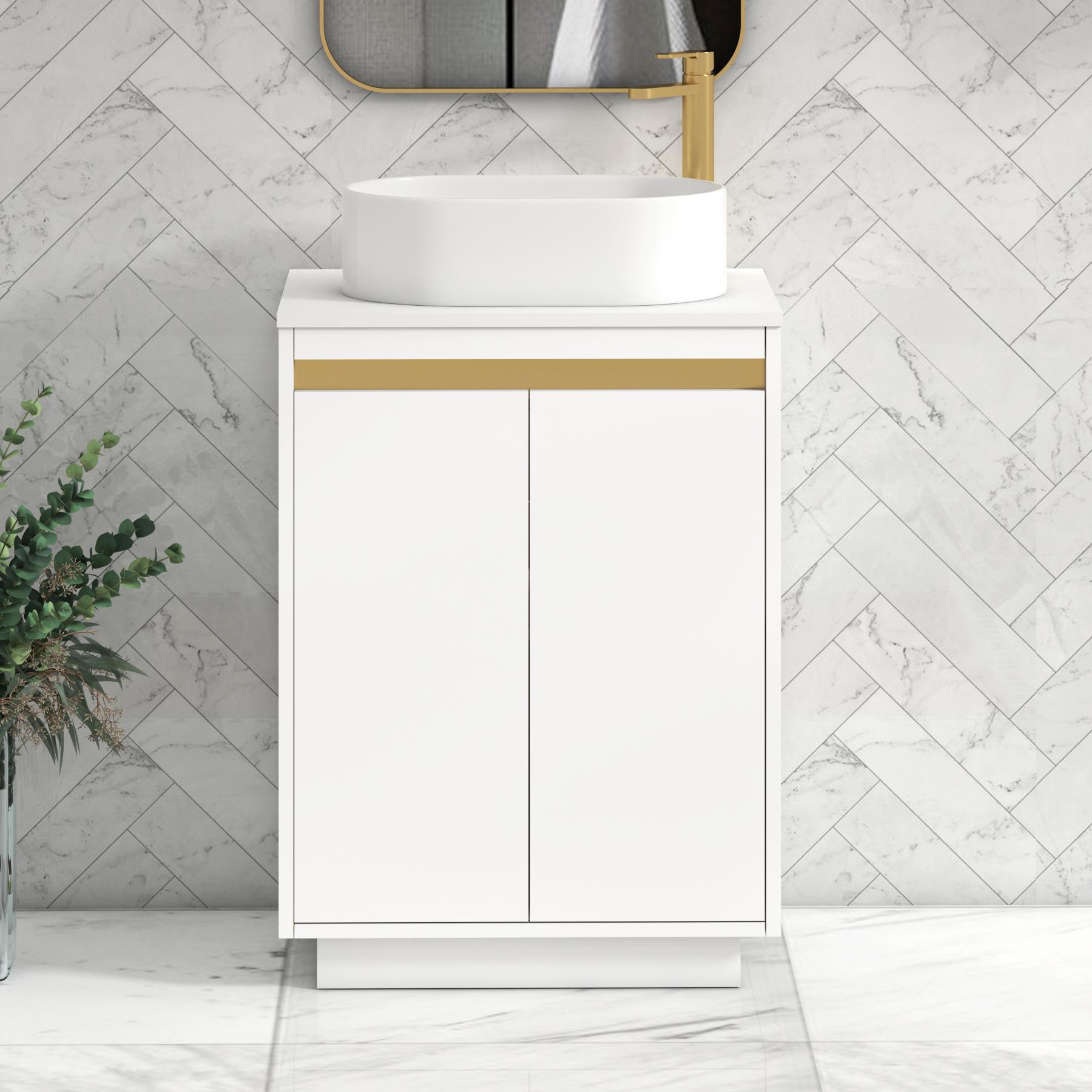 Orion 2 Door Matt White Floor Standing Vanity Unit with Plain White Top & Countertop Basin | Brushed Brass Accent Trim
