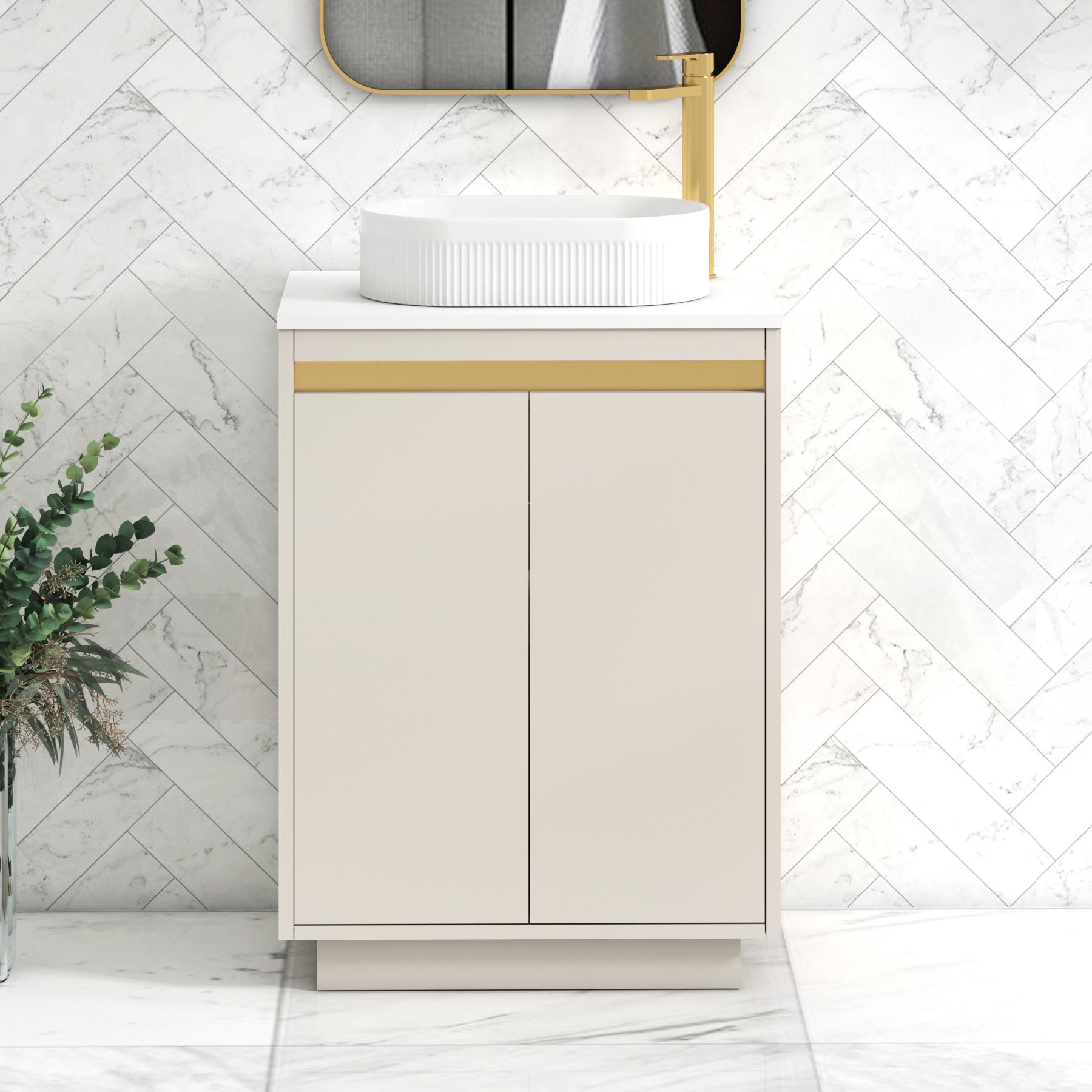 Orion 2 Door Warm Taupe Floor Standing Vanity Unit with Plain White Top & Countertop Basin | Brushed Brass Accent Trim