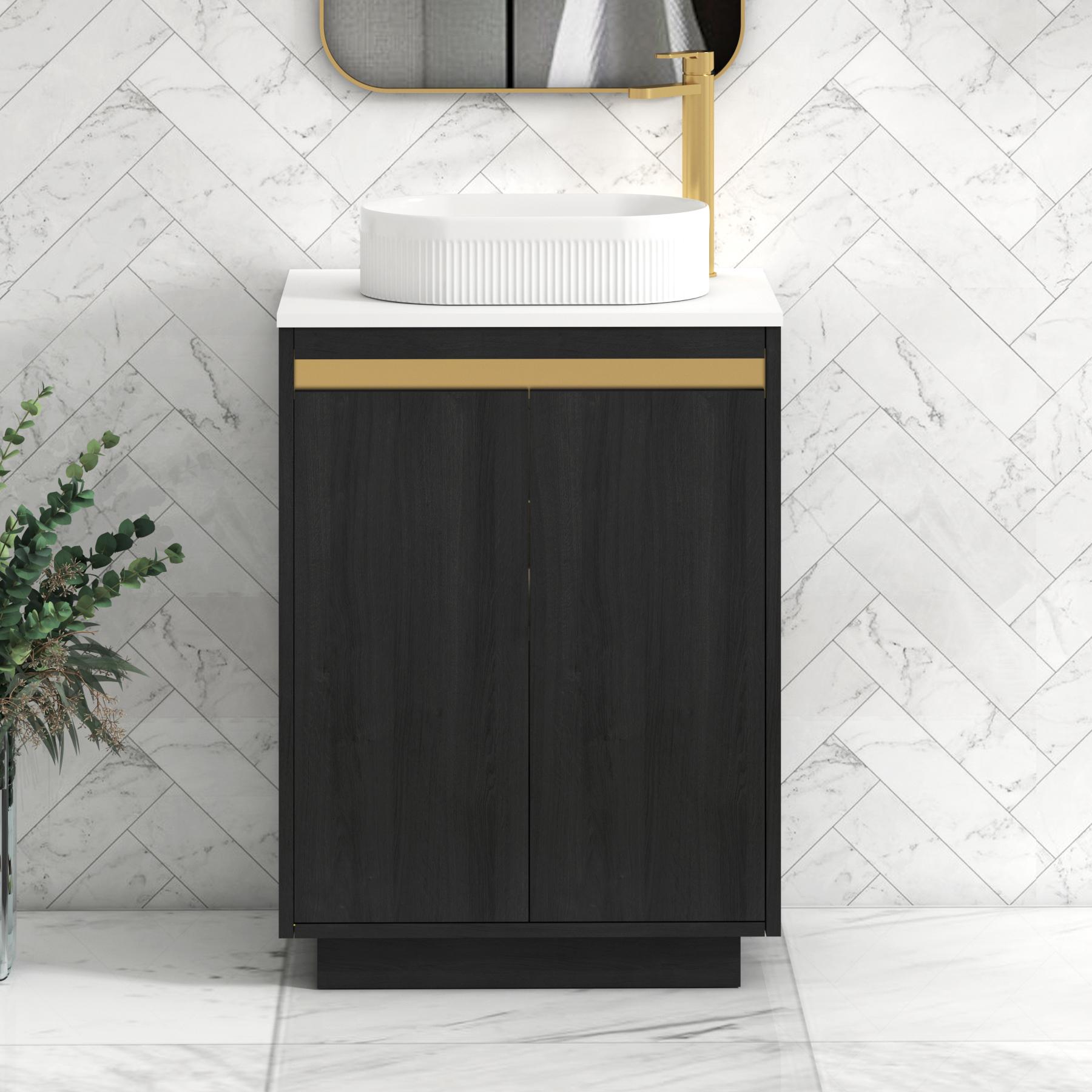 Orion 2 Door Hale Black Floor Standing Vanity Unit with Plain White Top & Countertop Basin | Brushed Brass Accent Trim