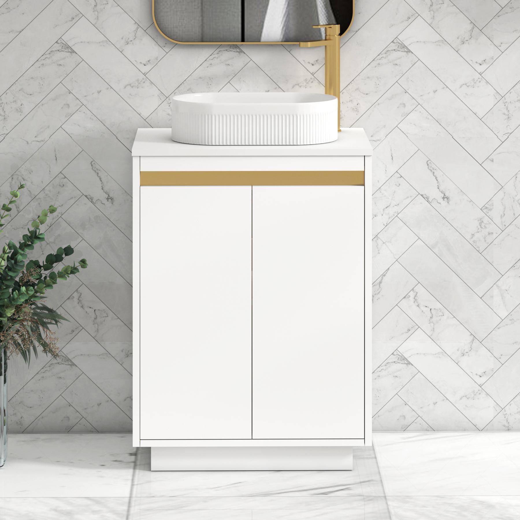 Orion 2 Door Matt White Floor Standing Vanity Unit with Plain White Top & Countertop Basin | Brushed Brass Accent Trim