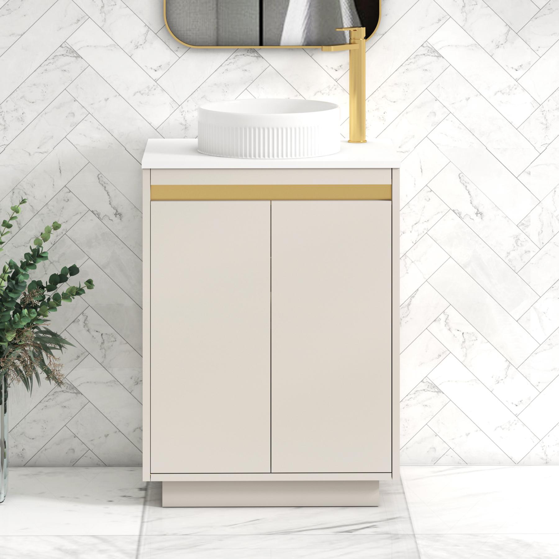 Orion 2 Door Warm Taupe Floor Standing Vanity Unit with Plain White Top & Countertop Basin | Brushed Brass Accent Trim