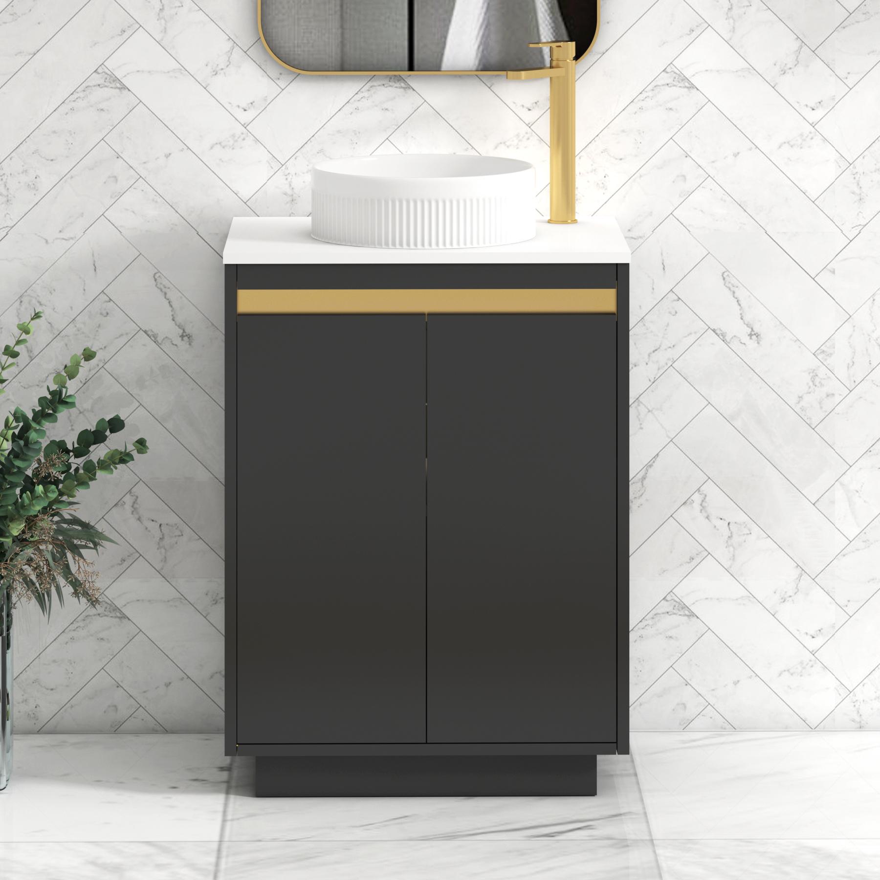 Orion 2 Door Matt Obsidian Black Floor Standing Vanity Unit with Plain White Top & Countertop Basin | Brushed Brass Accent Trim