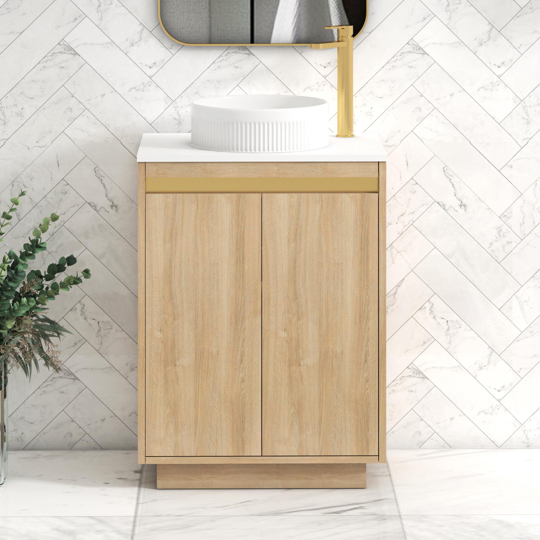 Orion 2 Door Natural Oak Floor Standing Vanity Unit with Plain White Top & Countertop Basin | Brushed Brass Accent Trim