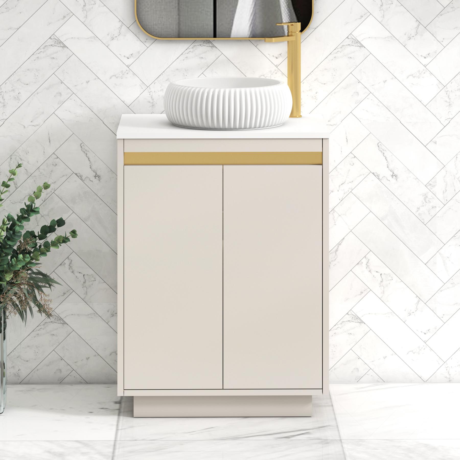 Orion 2 Door Warm Taupe Floor Standing Vanity Unit with Plain White Top & Countertop Basin | Brushed Brass Accent Trim
