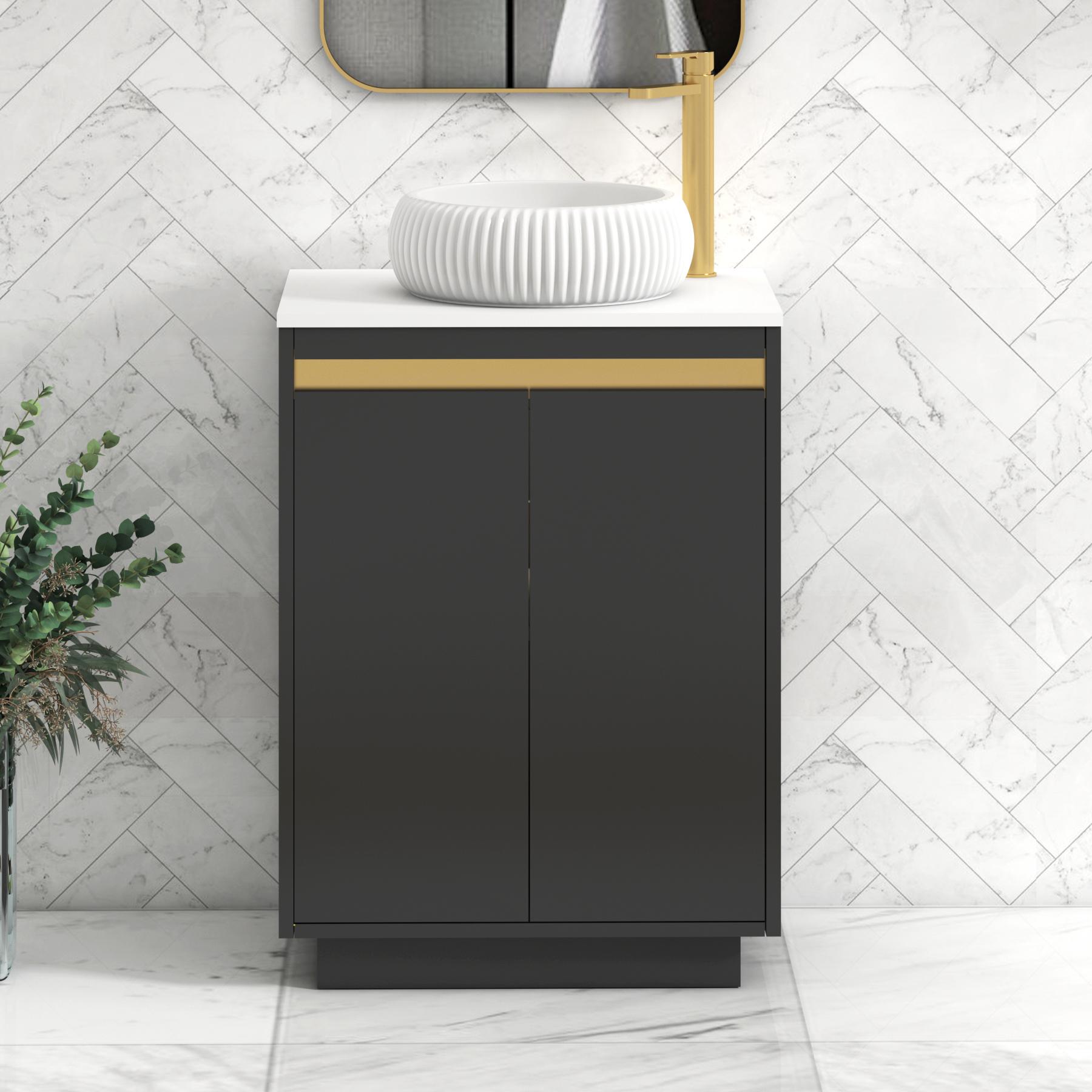 Orion 2 Door Matt Obsidian Black Floor Standing Vanity Unit with Plain White Top & Countertop Basin | Brushed Brass Accent Trim
