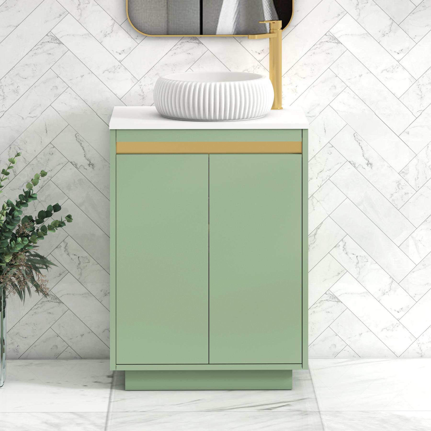 Orion 2 Door Mint Sage Floor Standing Vanity Unit with Plain White Top & Countertop Basin | Brushed Brass Accent Trim