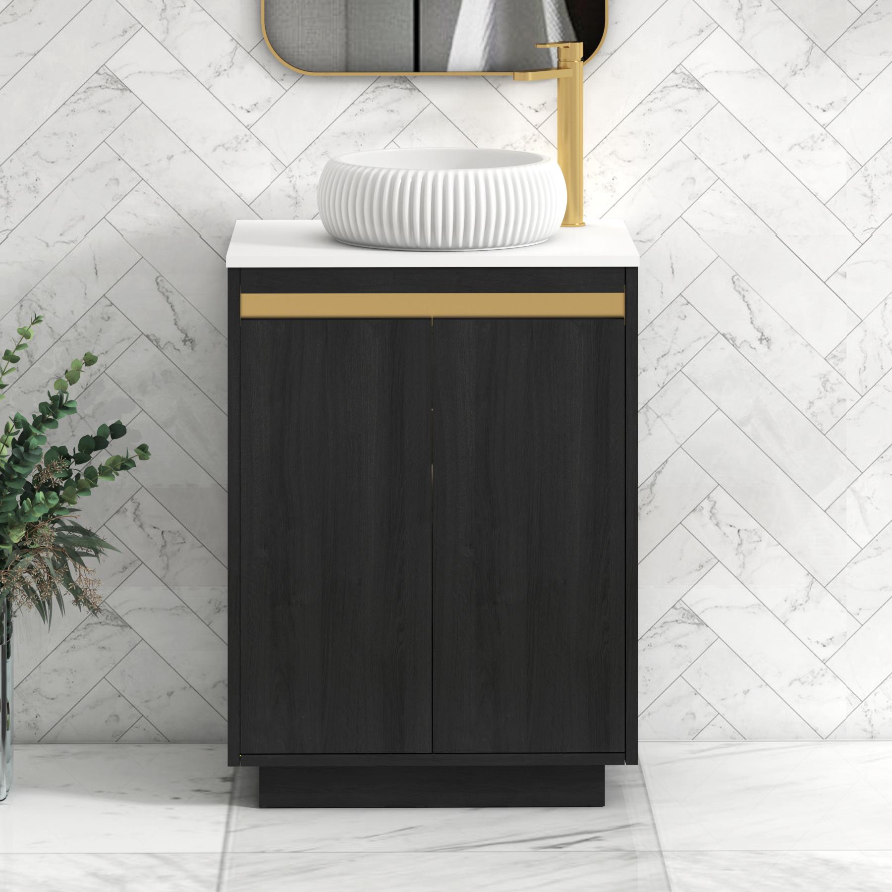 Orion 2 Door Hale Black Floor Standing Vanity Unit with Plain White Top & Countertop Basin | Brushed Brass Accent Trim