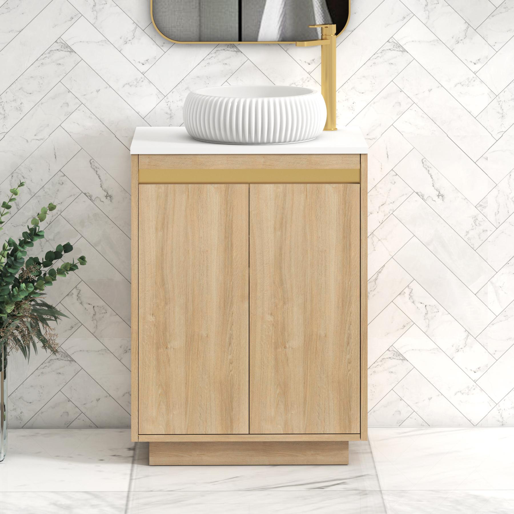 Orion 2 Door Natural Oak Floor Standing Vanity Unit with Plain White Top & Countertop Basin | Brushed Brass Accent Trim
