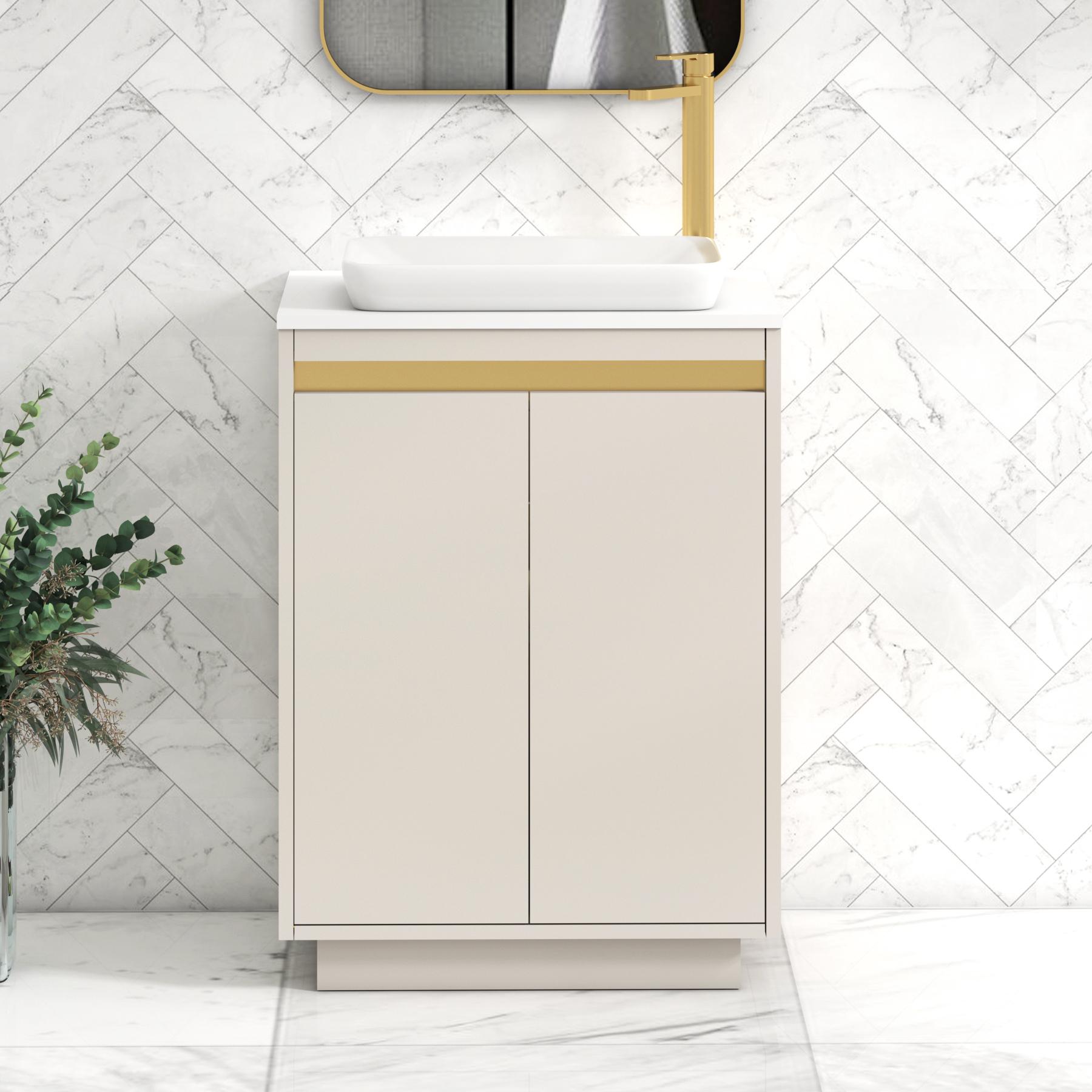 Orion 2 Door Warm Taupe Floor Standing Vanity Unit with Plain White Top & Countertop Basin | Brushed Brass Accent Trim