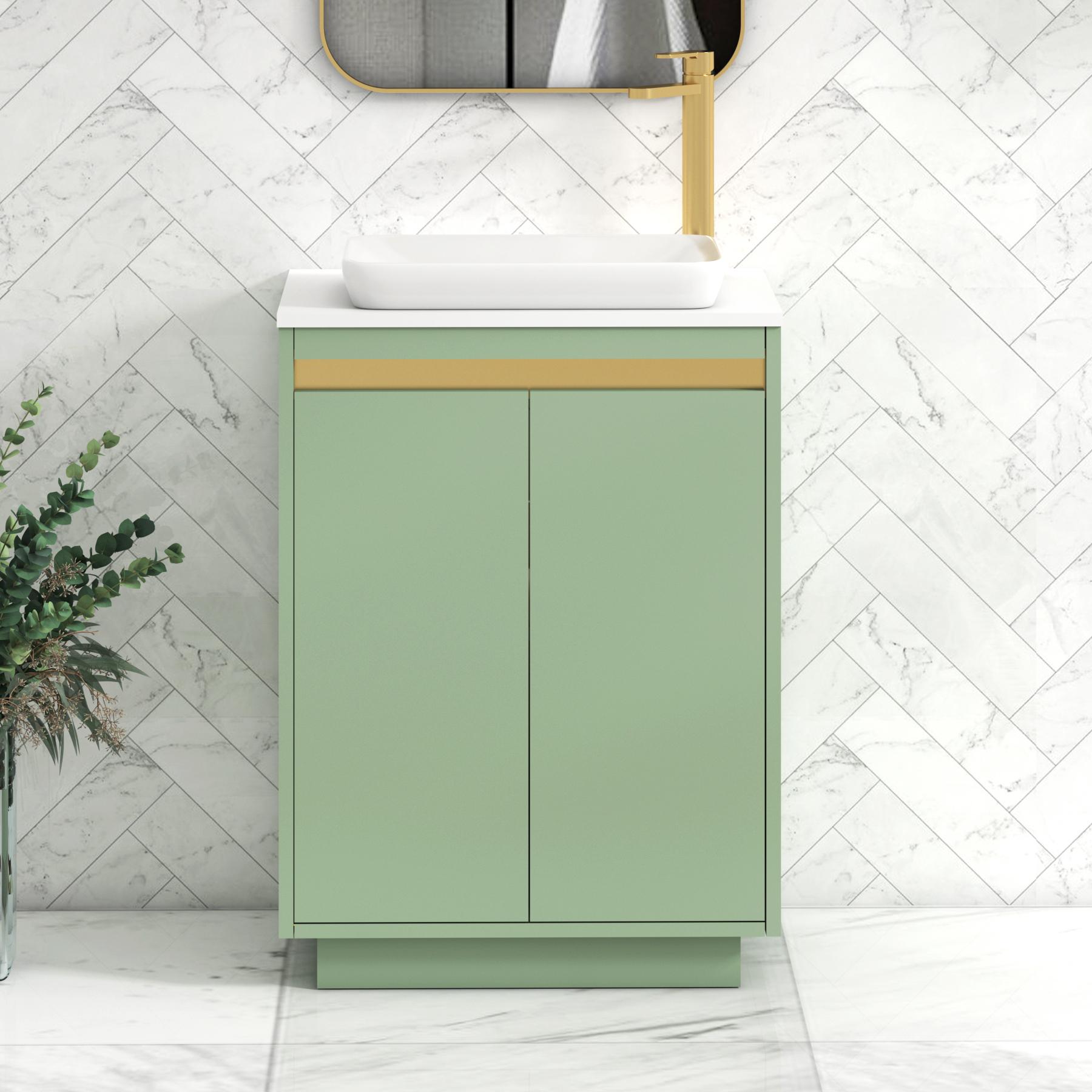 Orion 2 Door Mint Sage Floor Standing Vanity Unit with Plain White Top & Countertop Basin | Brushed Brass Accent Trim