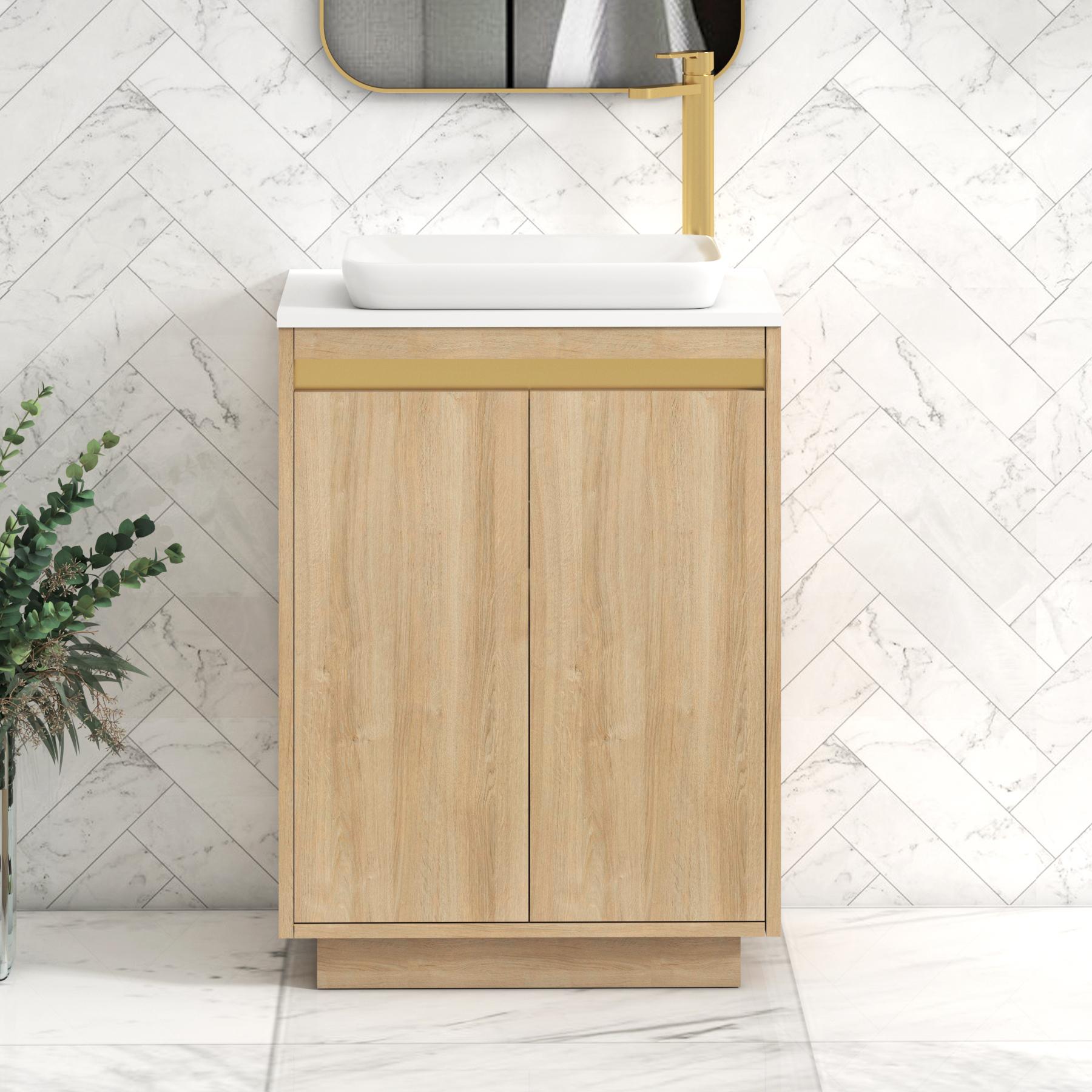 Orion 2 Door Natural Oak Floor Standing Vanity Unit with Plain White Top & Countertop Basin | Brushed Brass Accent Trim