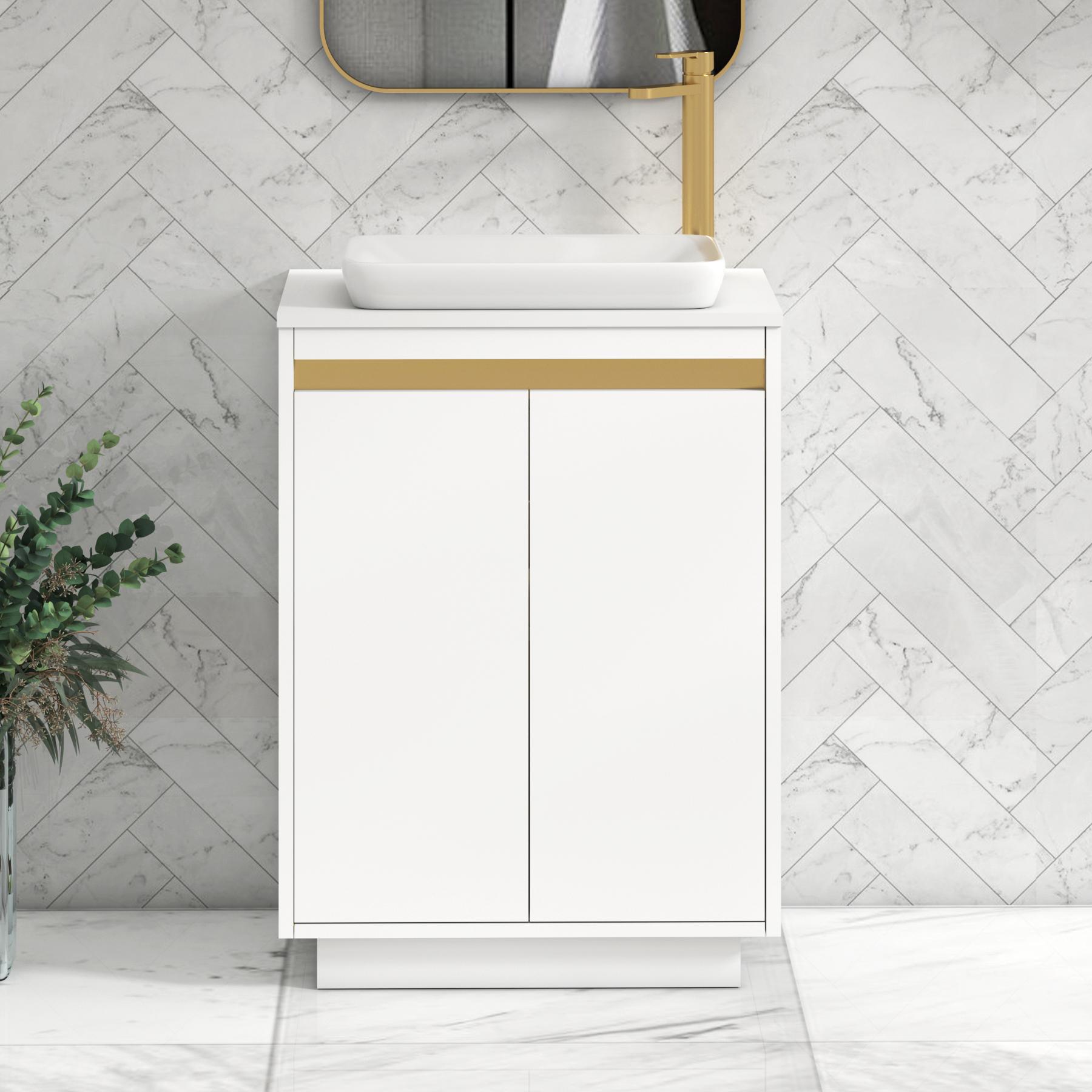 Orion 2 Door Matt White Floor Standing Vanity Unit with Plain White Top & Countertop Basin | Brushed Brass Accent Trim