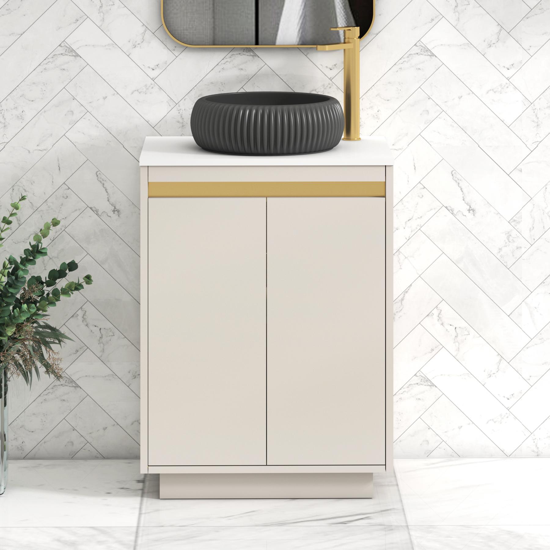 Orion 2 Door Warm Taupe Floor Standing Vanity Unit with Plain White Top & Countertop Basin | Brushed Brass Accent Trim