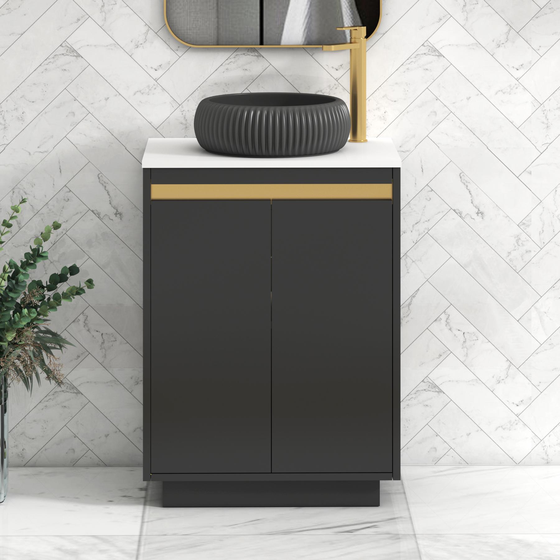 Orion 2 Door Matt Obsidian Black Floor Standing Vanity Unit with Plain White Top & Countertop Basin | Brushed Brass Accent Trim