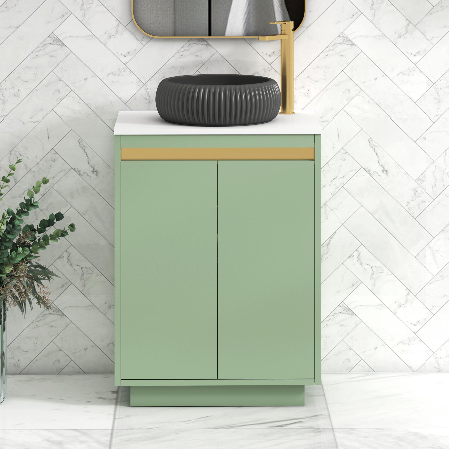 Orion 2 Door Mint Sage Floor Standing Vanity Unit with Plain White Top & Countertop Basin | Brushed Brass Accent Trim