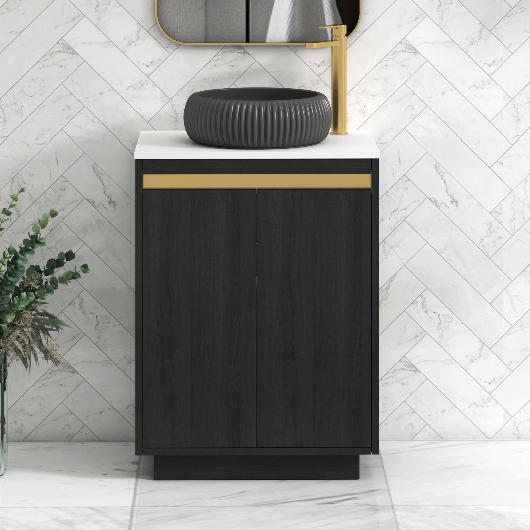 Orion 2 Door Hale Black Floor Standing Vanity Unit with Plain White Top & Countertop Basin | Brushed Brass Accent Trim