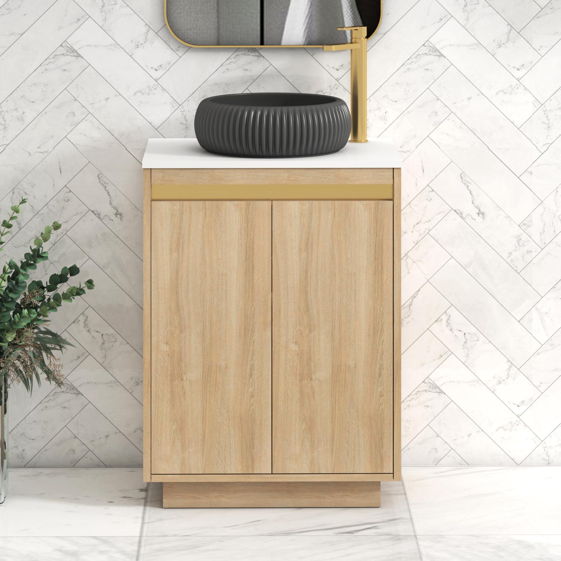 Orion 2 Door Natural Oak Floor Standing Vanity Unit with Plain White Top & Countertop Basin | Brushed Brass Accent Trim