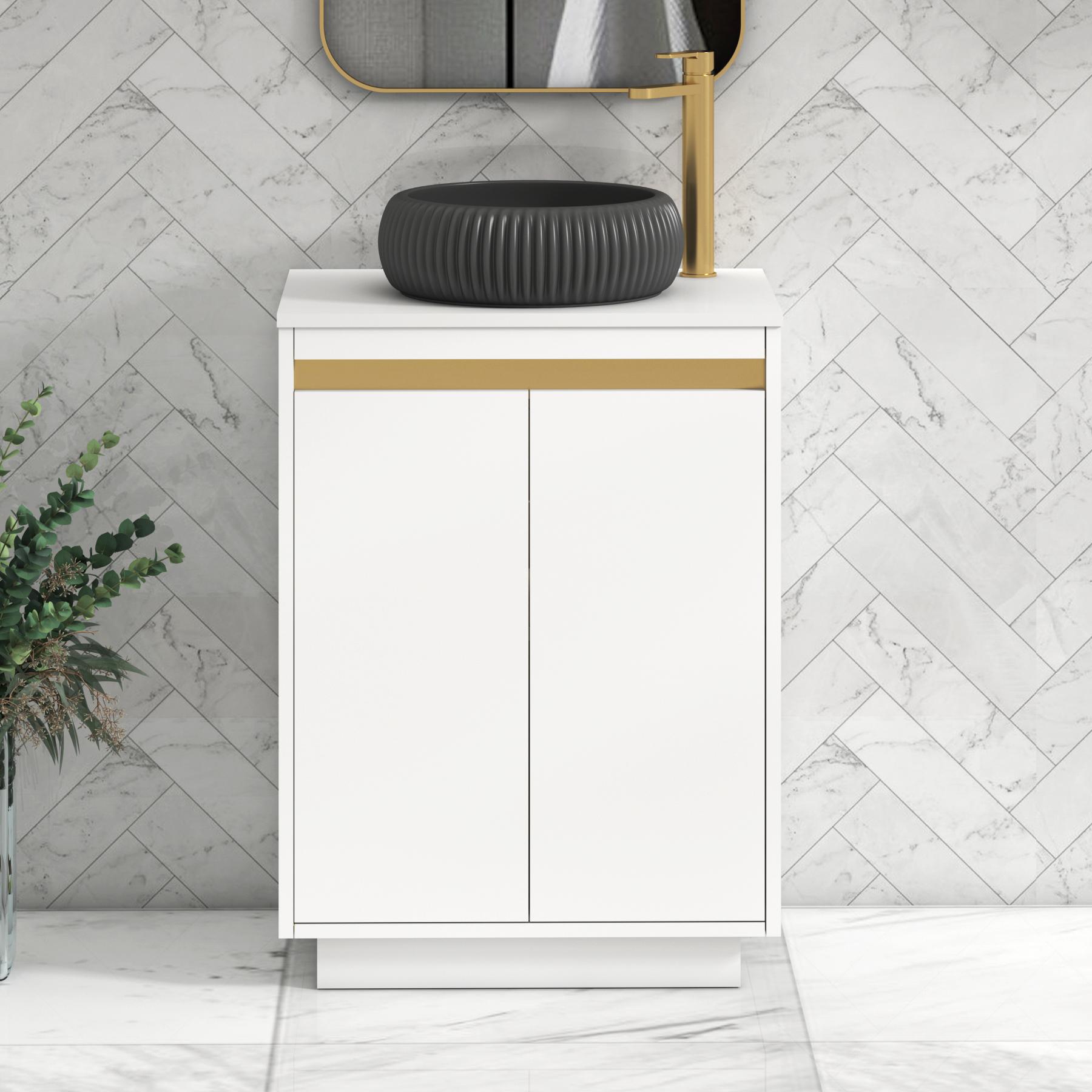 Orion 2 Door Matt White Floor Standing Vanity Unit with Plain White Top & Countertop Basin | Brushed Brass Accent Trim