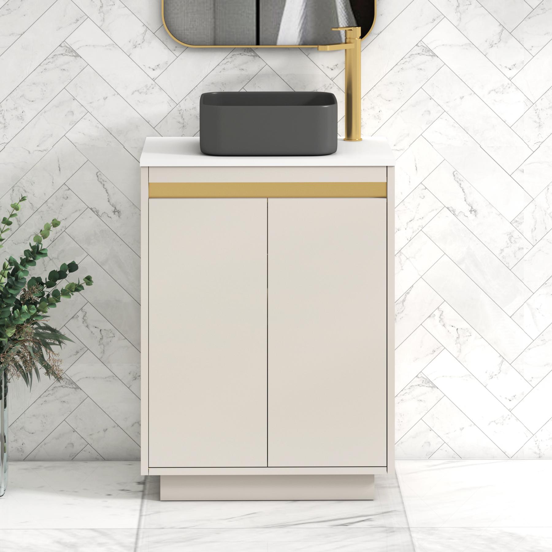 Orion 2 Door Warm Taupe Floor Standing Vanity Unit with Plain White Top & Countertop Basin | Brushed Brass Accent Trim