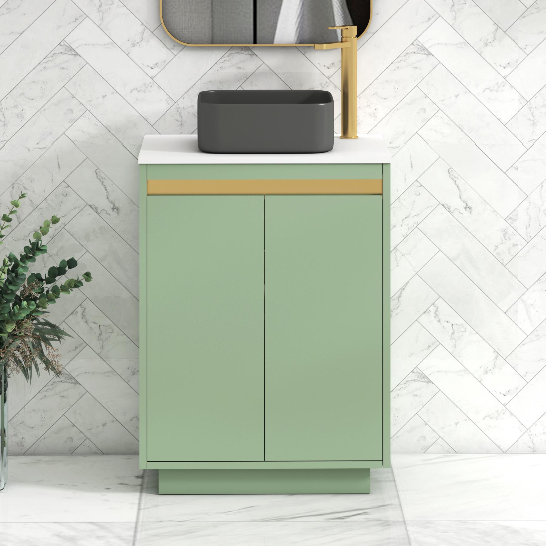 Orion 2 Door Mint Sage Floor Standing Vanity Unit with Plain White Top & Countertop Basin | Brushed Brass Accent Trim