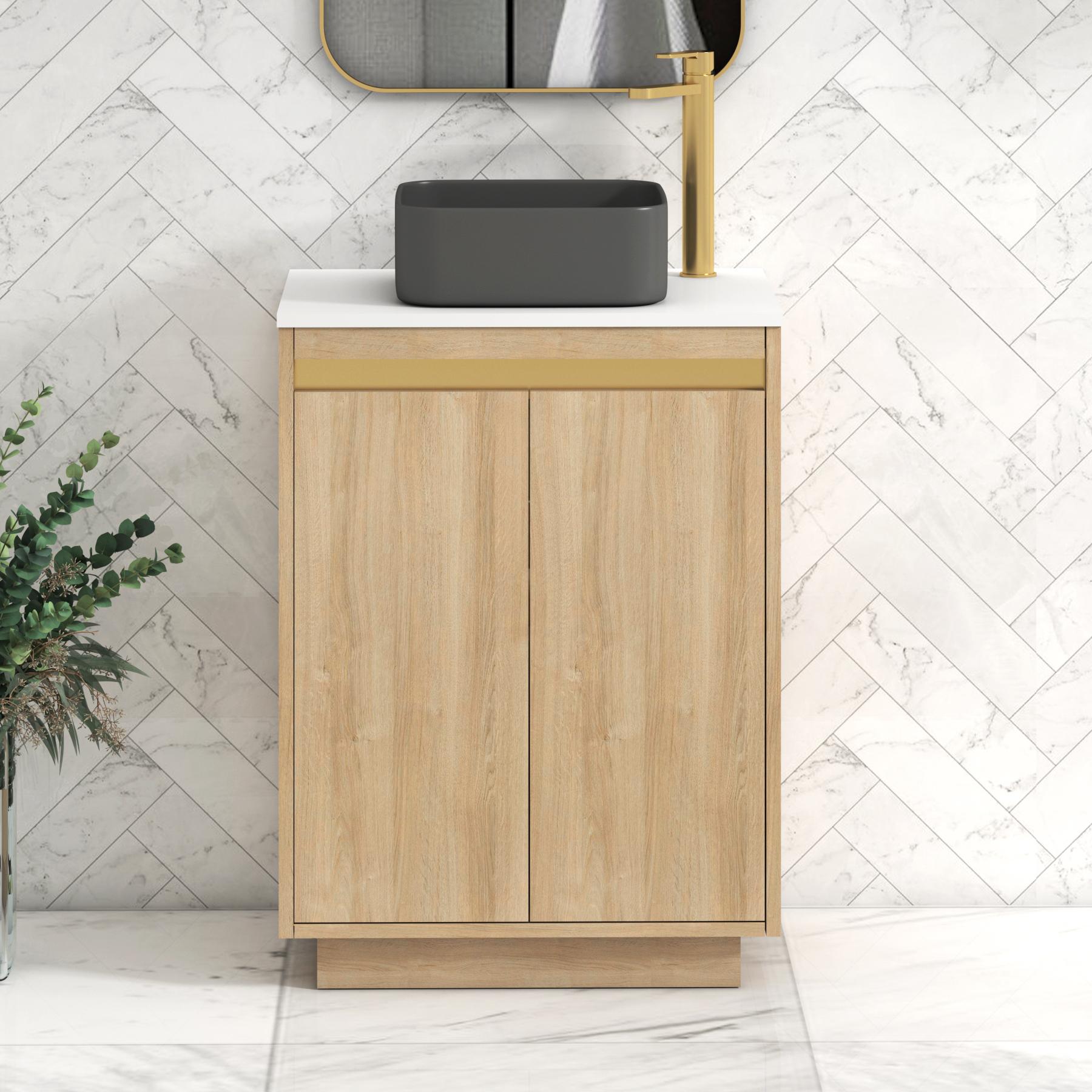 Orion 2 Door Natural Oak Floor Standing Vanity Unit with Plain White Top & Countertop Basin | Brushed Brass Accent Trim