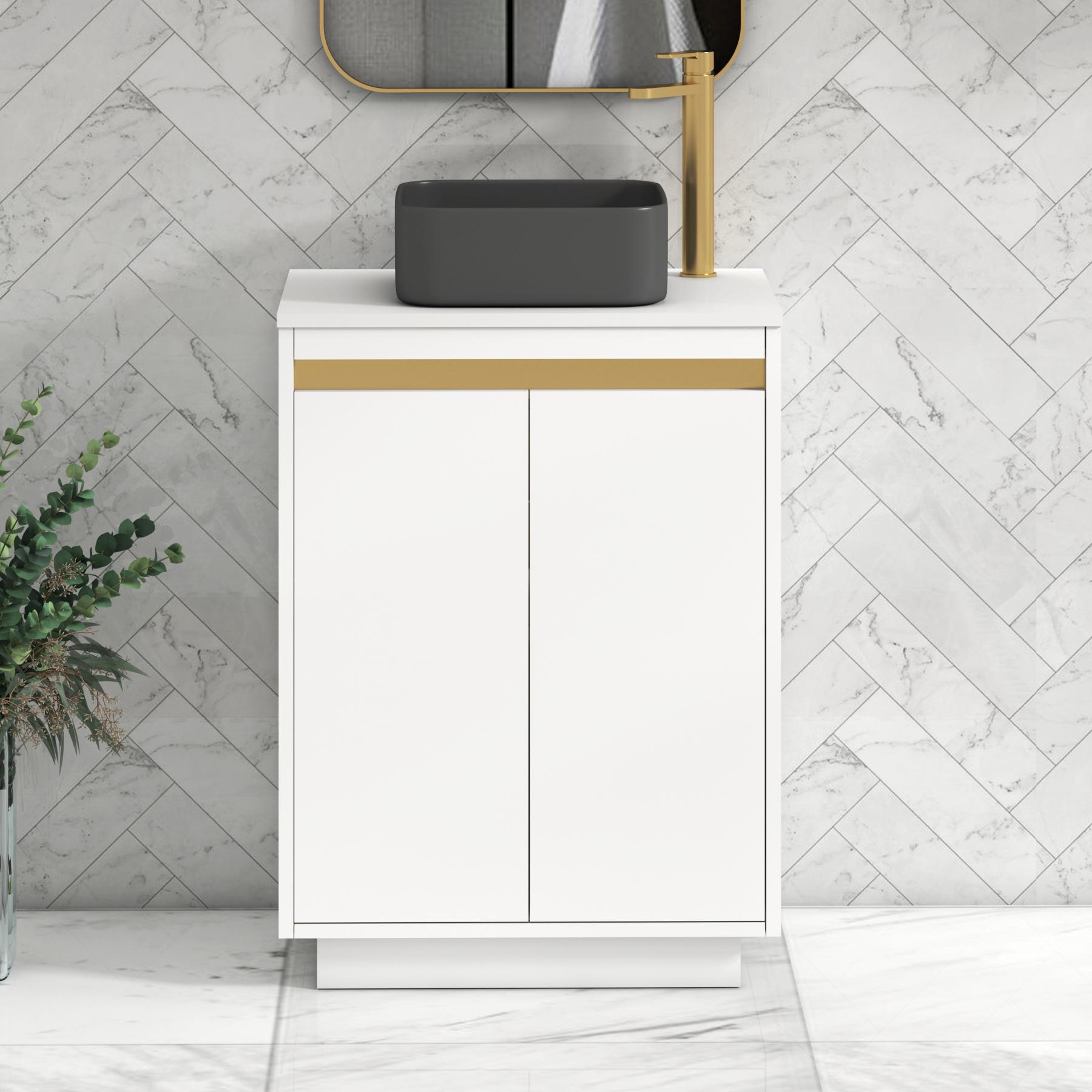 Orion 2 Door Matt White Floor Standing Vanity Unit with Plain White Top & Countertop Basin | Brushed Brass Accent Trim