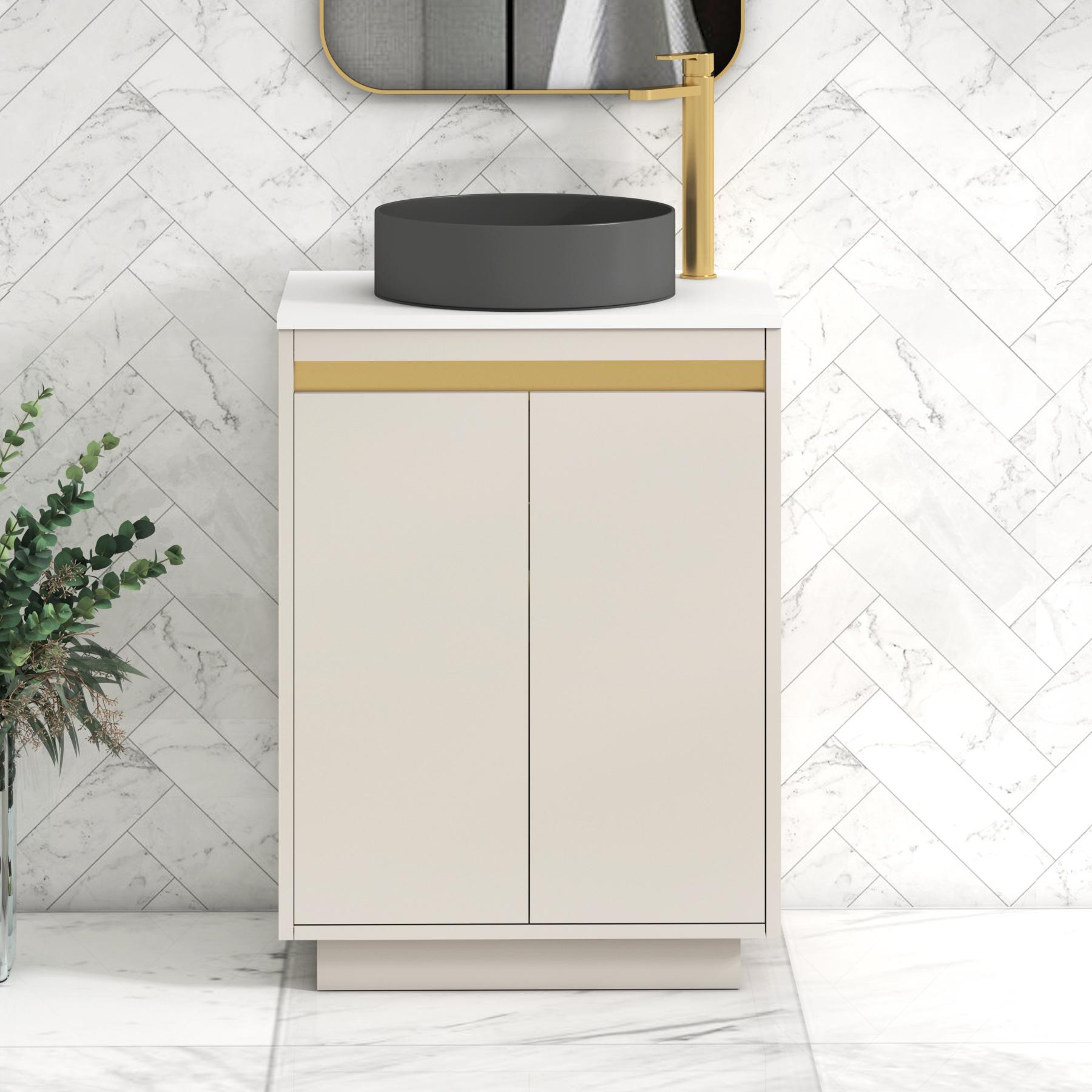 Orion 2 Door Warm Taupe Floor Standing Vanity Unit with Plain White Top & Countertop Basin | Brushed Brass Accent Trim